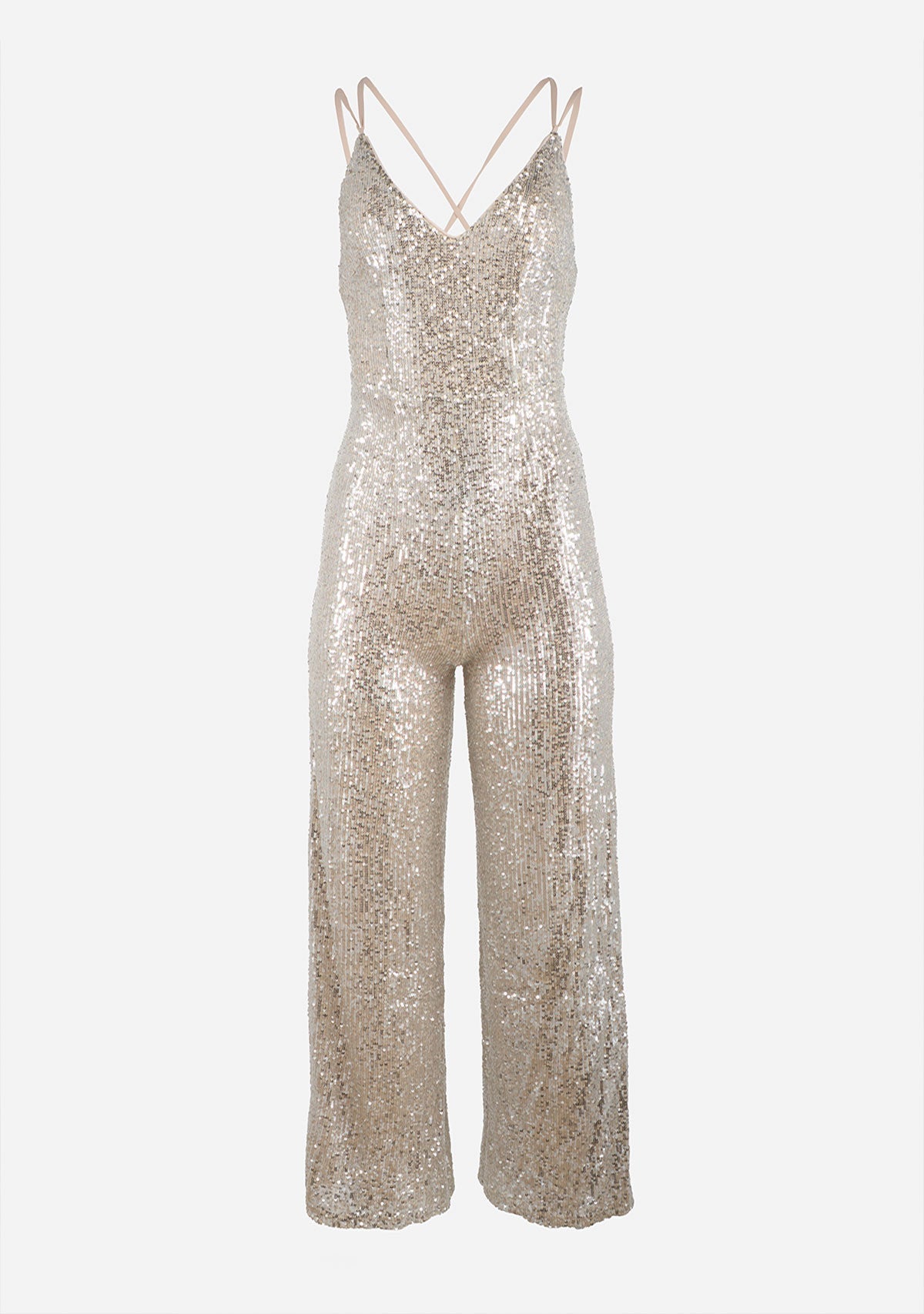 Slvls Cross Back Sequin Jumpsuit Silver/Nude Aakaa