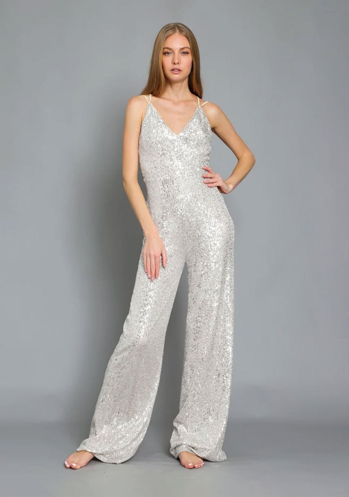 Slvls Cross Back Sequin Jumpsuit Silver/Nude Aakaa