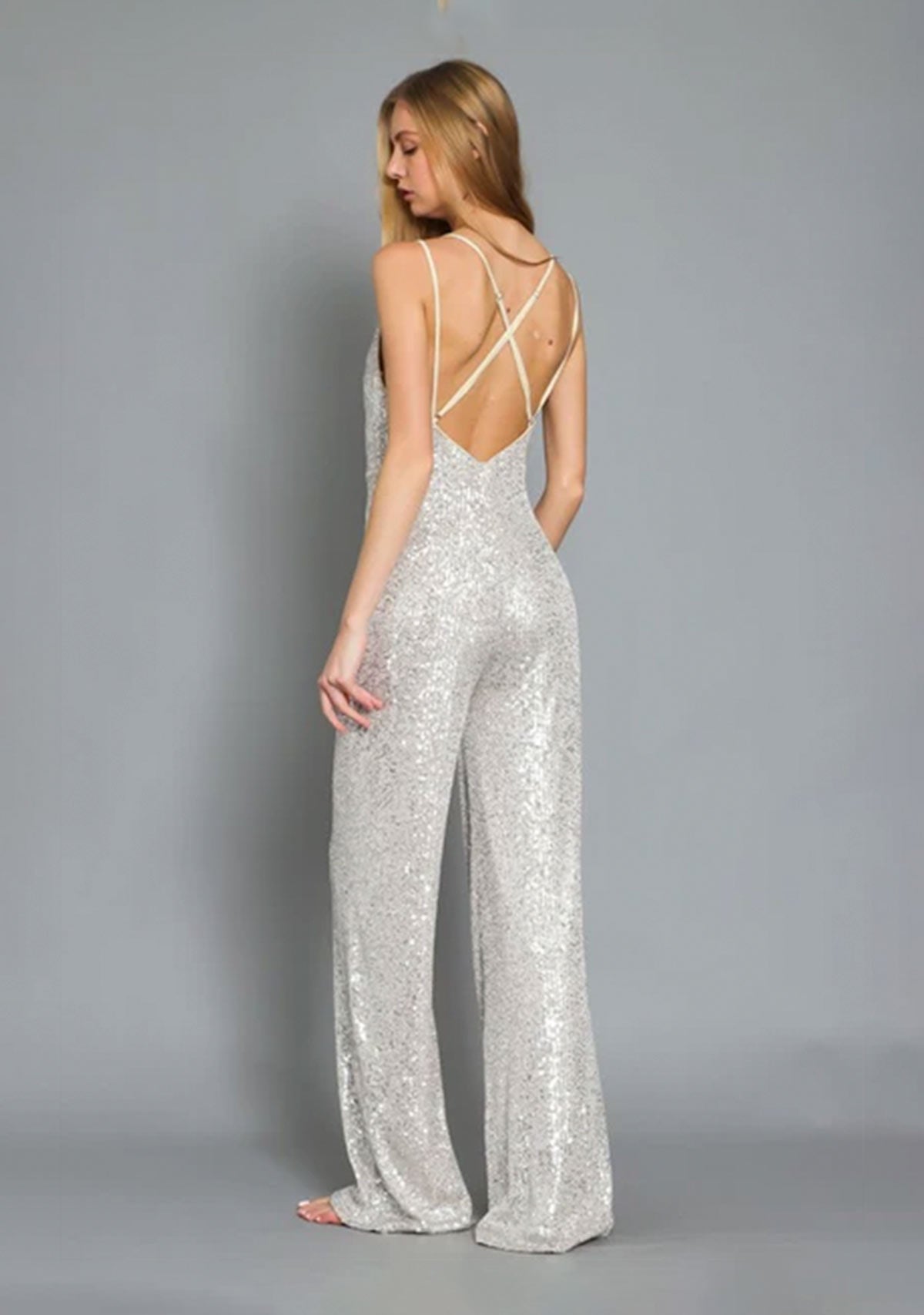 Slvls Cross Back Sequin Jumpsuit Silver/Nude Aakaa