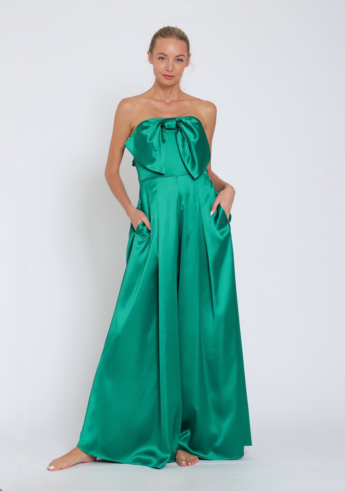 Tube Bow Top Detailing Elastic Back Waisted Jumpsuit Green Aakaa