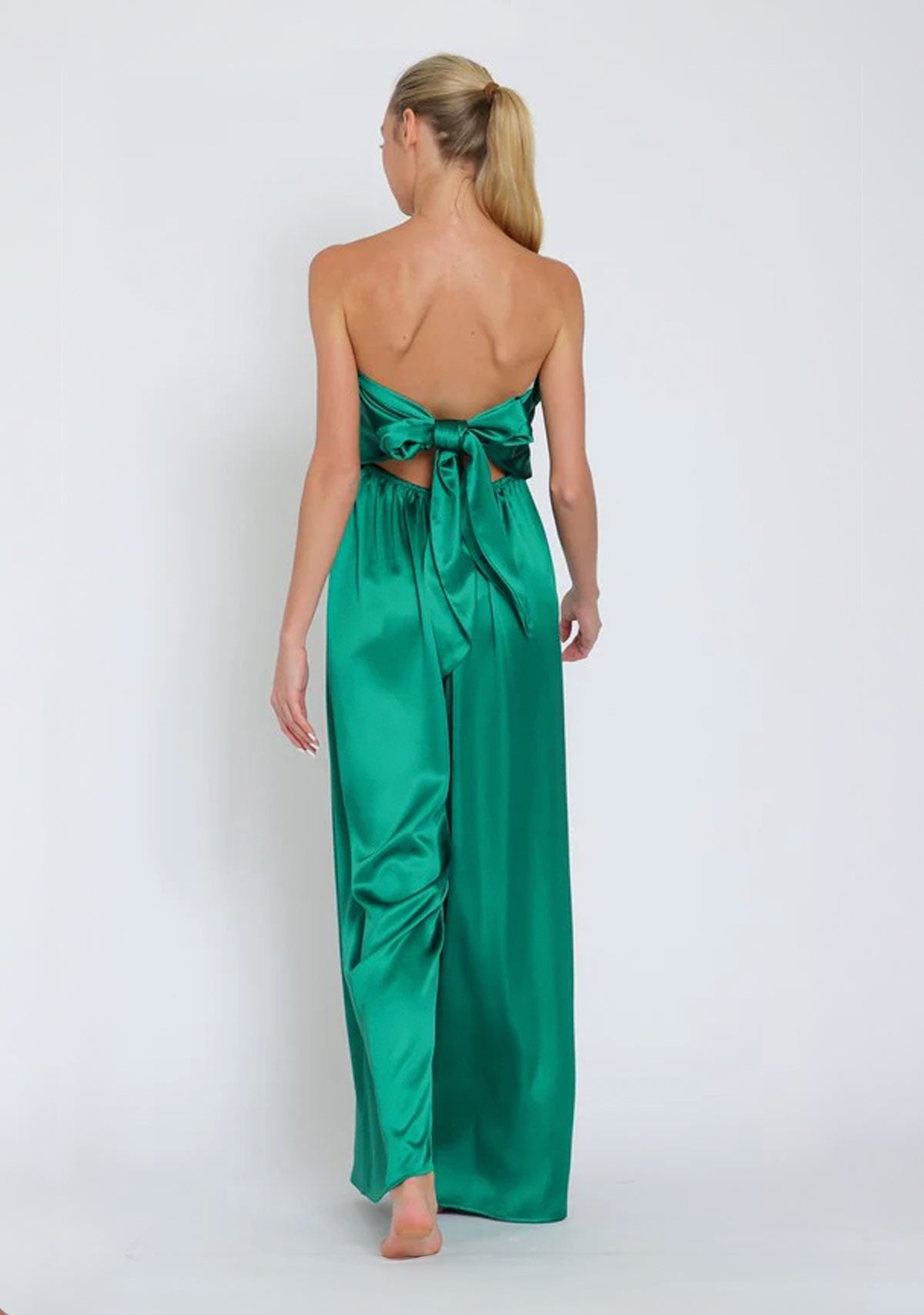 Tube Bow Top Detailing Elastic Back Waisted Jumpsuit Green Aakaa