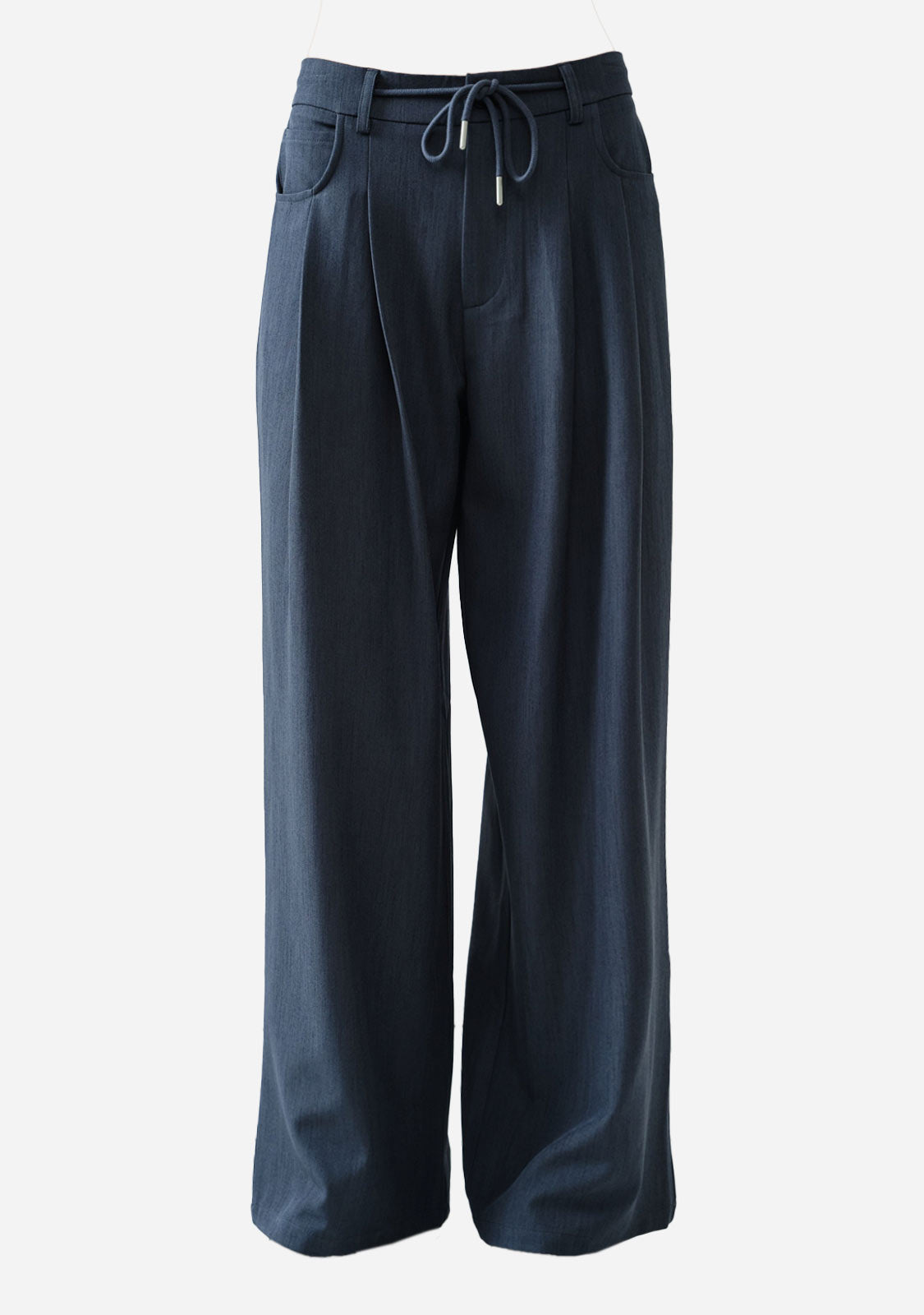 Soft Drape And Drawstring Pleated Wide Pants Navy