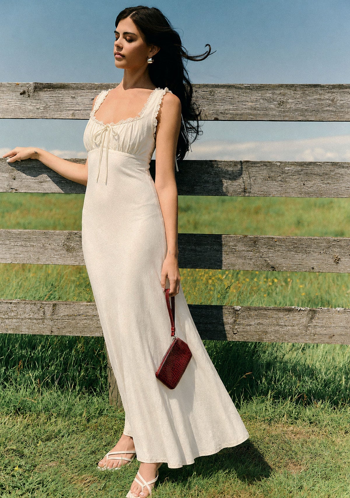 Any Season Maxi Solid Dress With Lace Trimmings And Open Back Cream Audrey 3+1