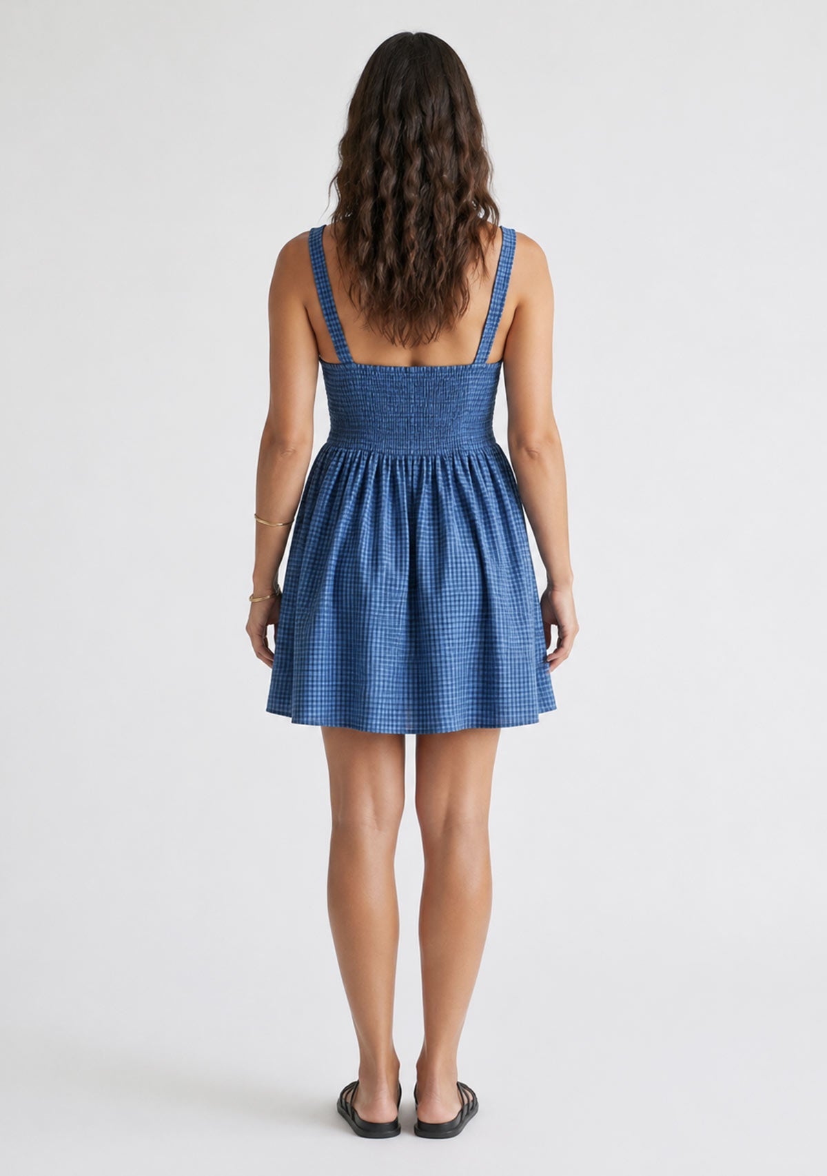 Gathered Checker Mini Baby Doll Dress Navy Audrey 3+1