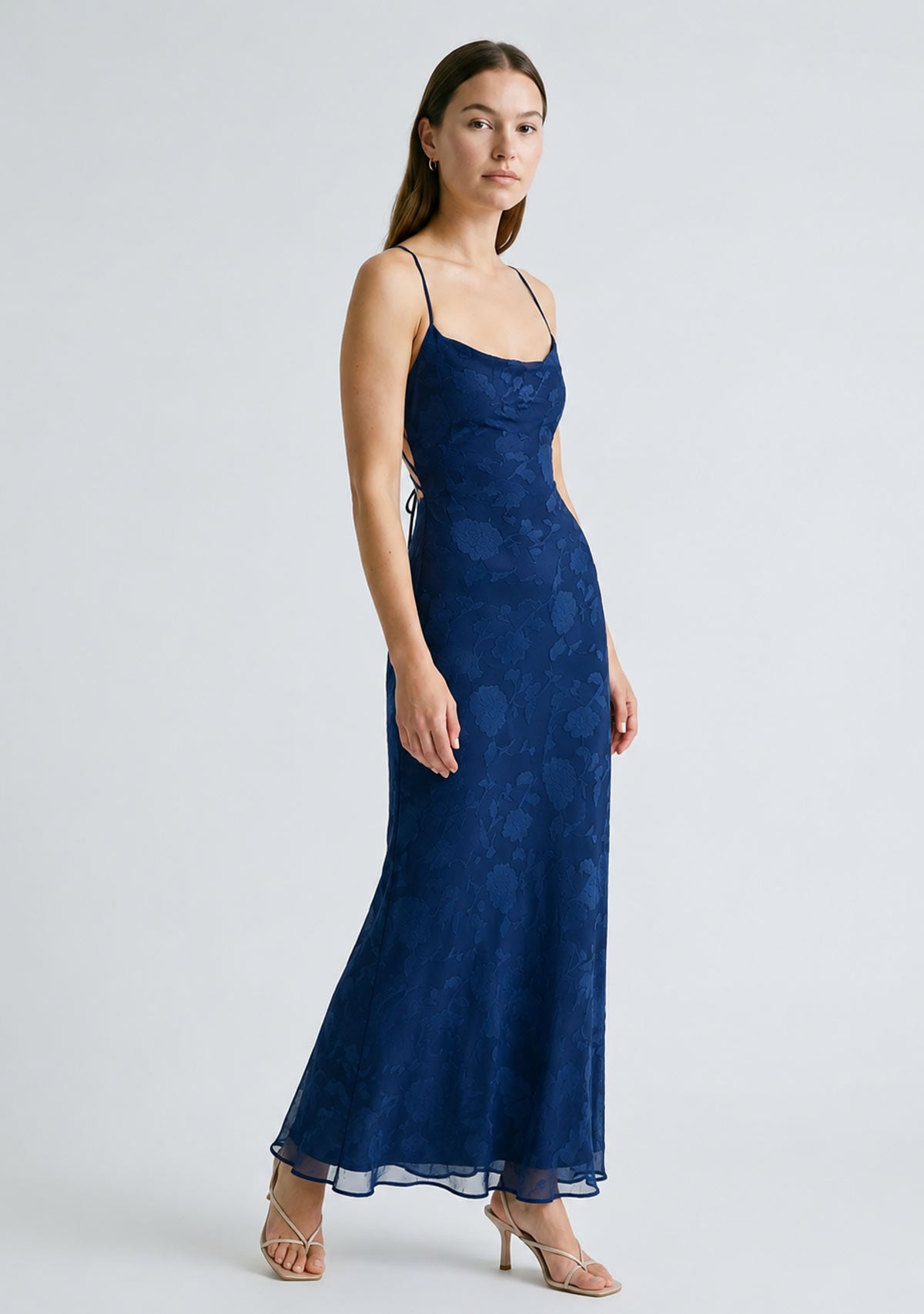 Special Moments Puffed Embroider Cowel Neck Maxi Dress With Strappy Back Navy Audrey 3+1