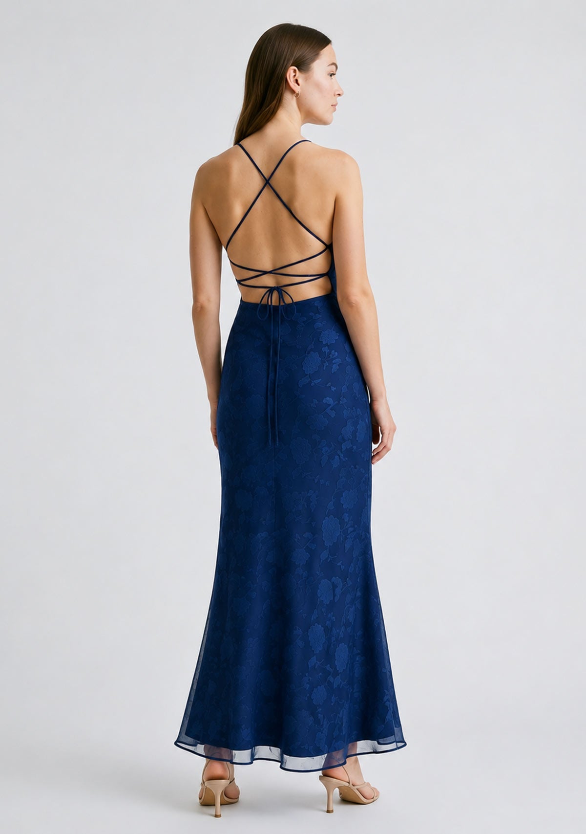 Special Moments Puffed Embroider Cowel Neck Maxi Dress With Strappy Back Navy Audrey 3+1