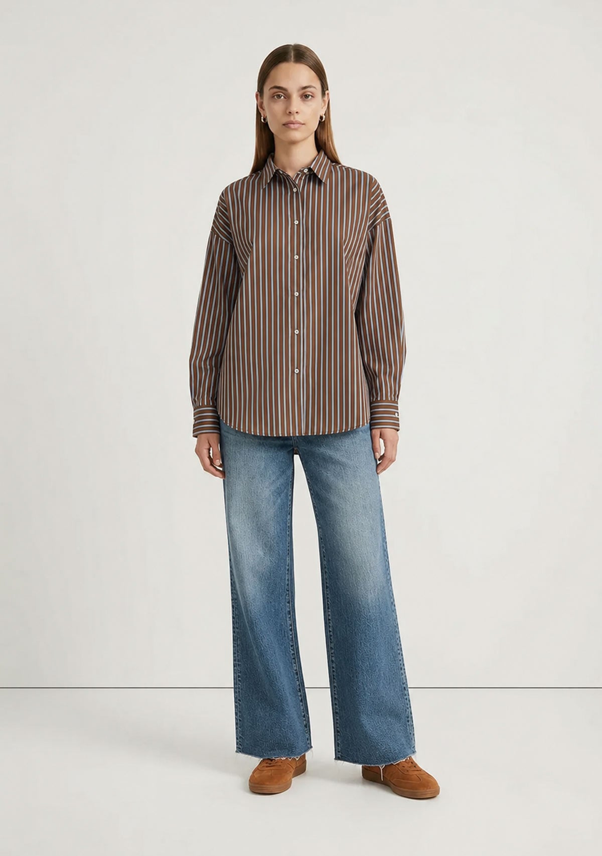 Two Tone Stripe Oversize Buttonup Top Brown