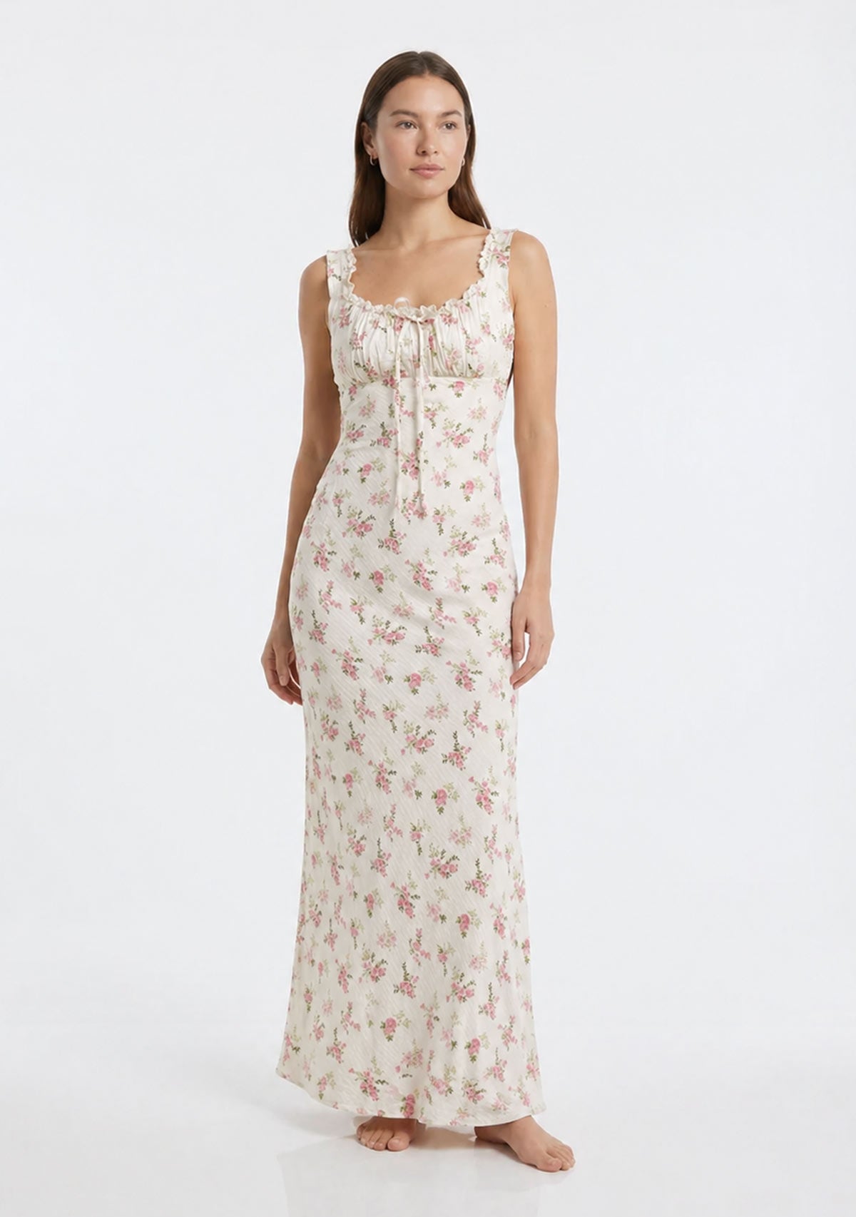 Robe longue Willow à fleurs, dos nu, détails en dentelle et liens à nouer, blanc cassé