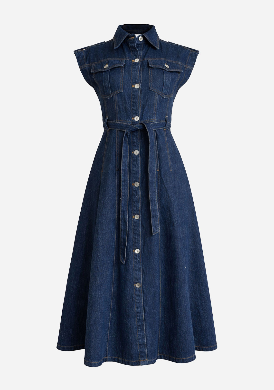 Belted Denim Shortsleeves Midi Dress