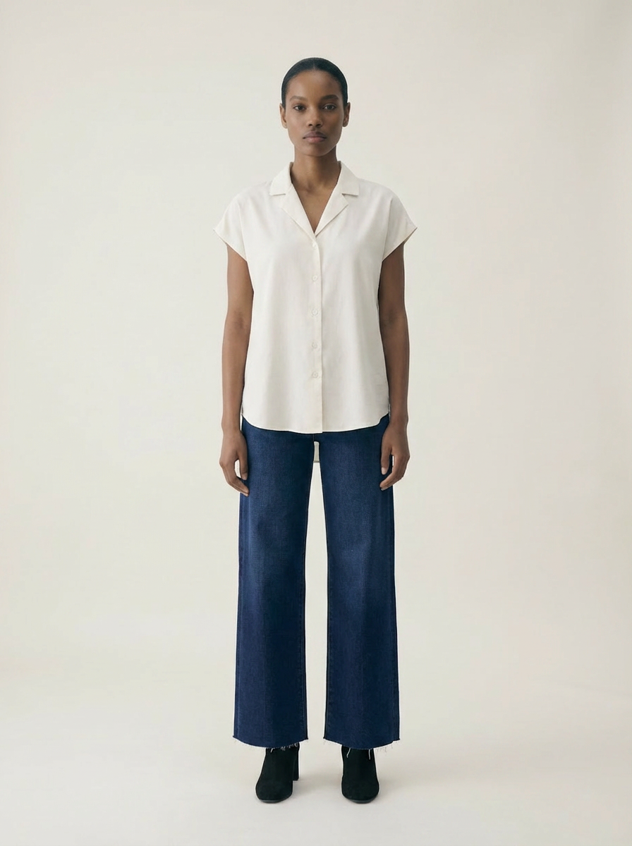 Button Down Cap Sleeve Shirt Off White