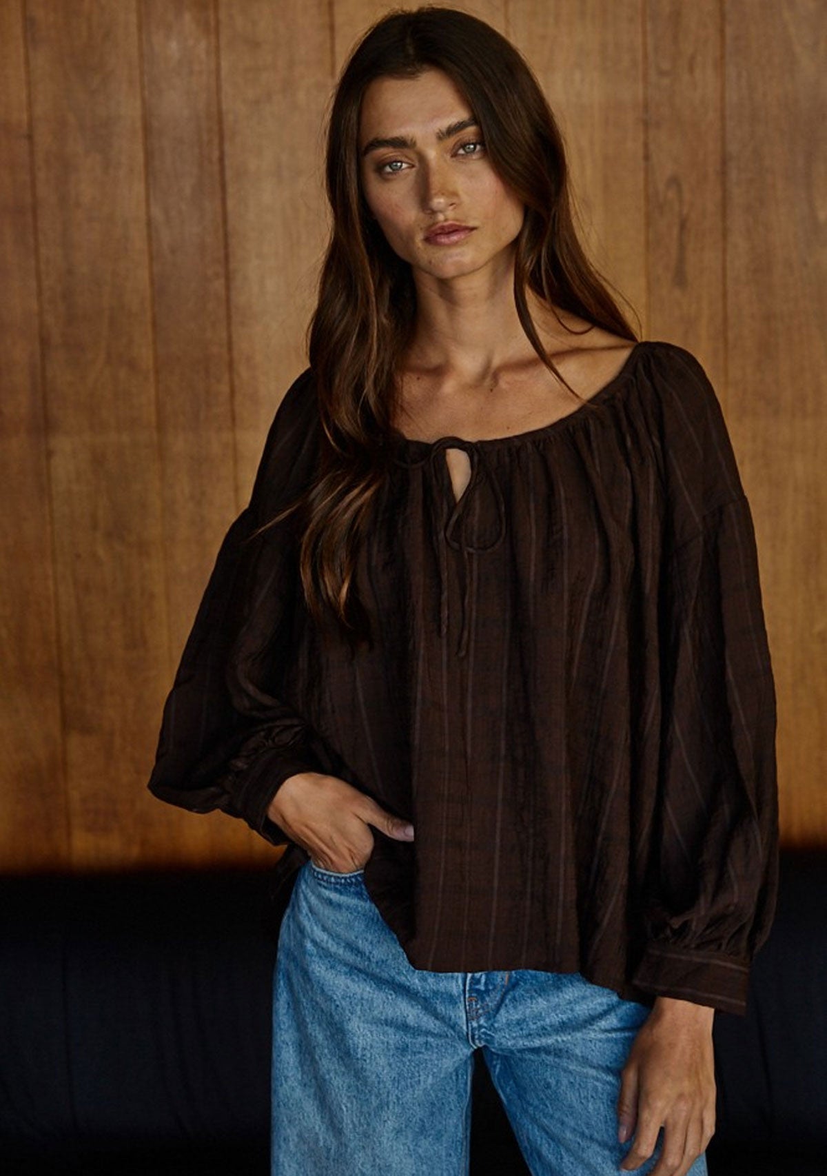 Chaucer Front Tie Top Woven Dark Brown