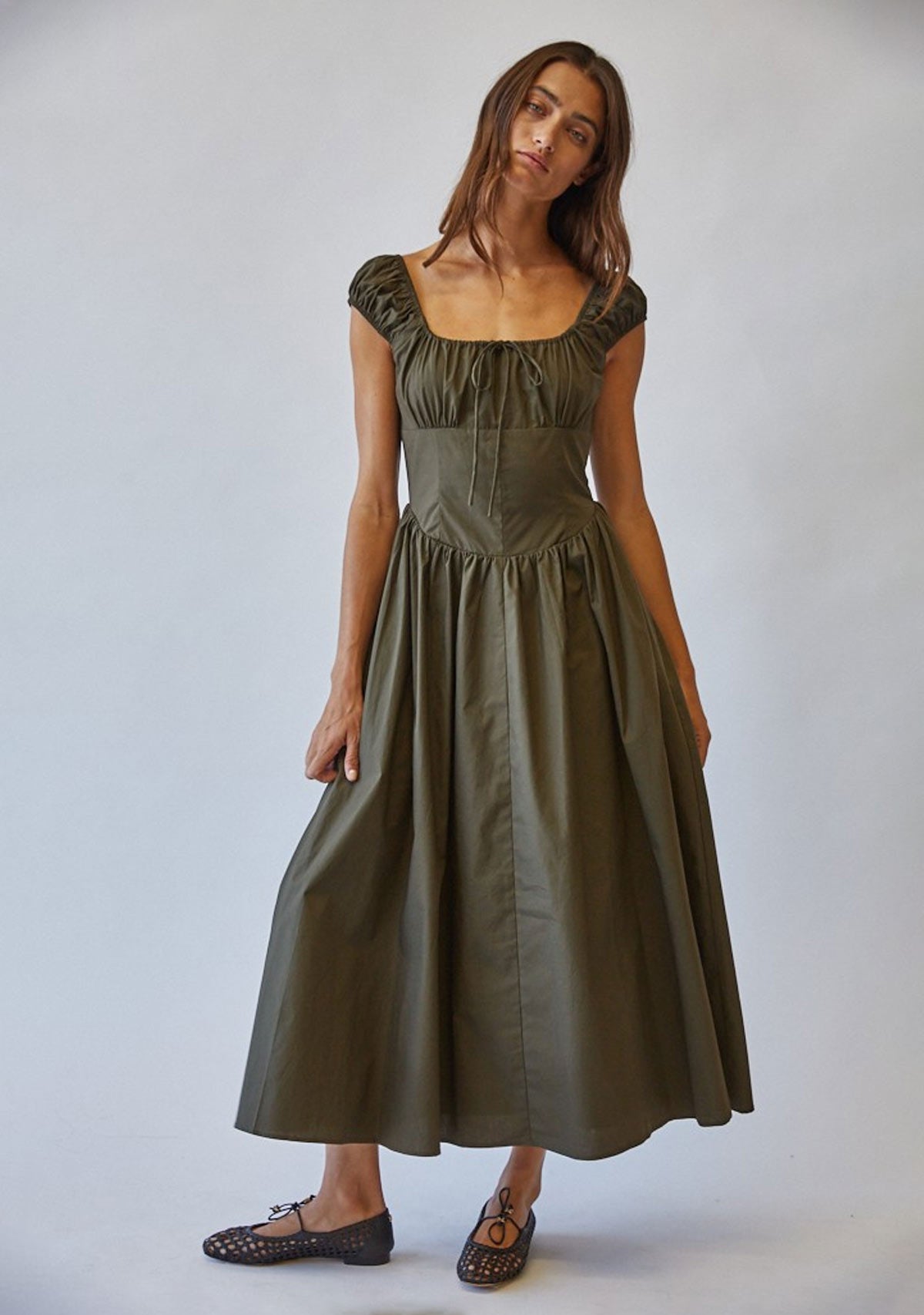 Josie Poplin Tie Front Bow Midi Dress Olive