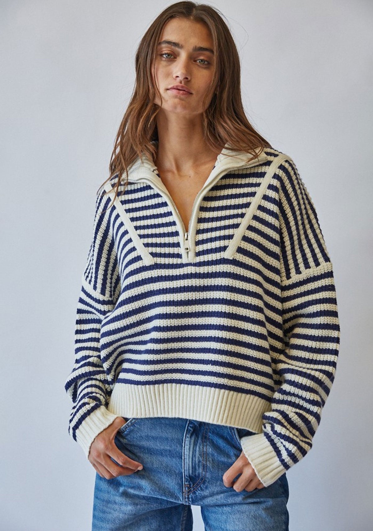 Chic Coastal Half-Zip Striped Sweater Navy Creamon