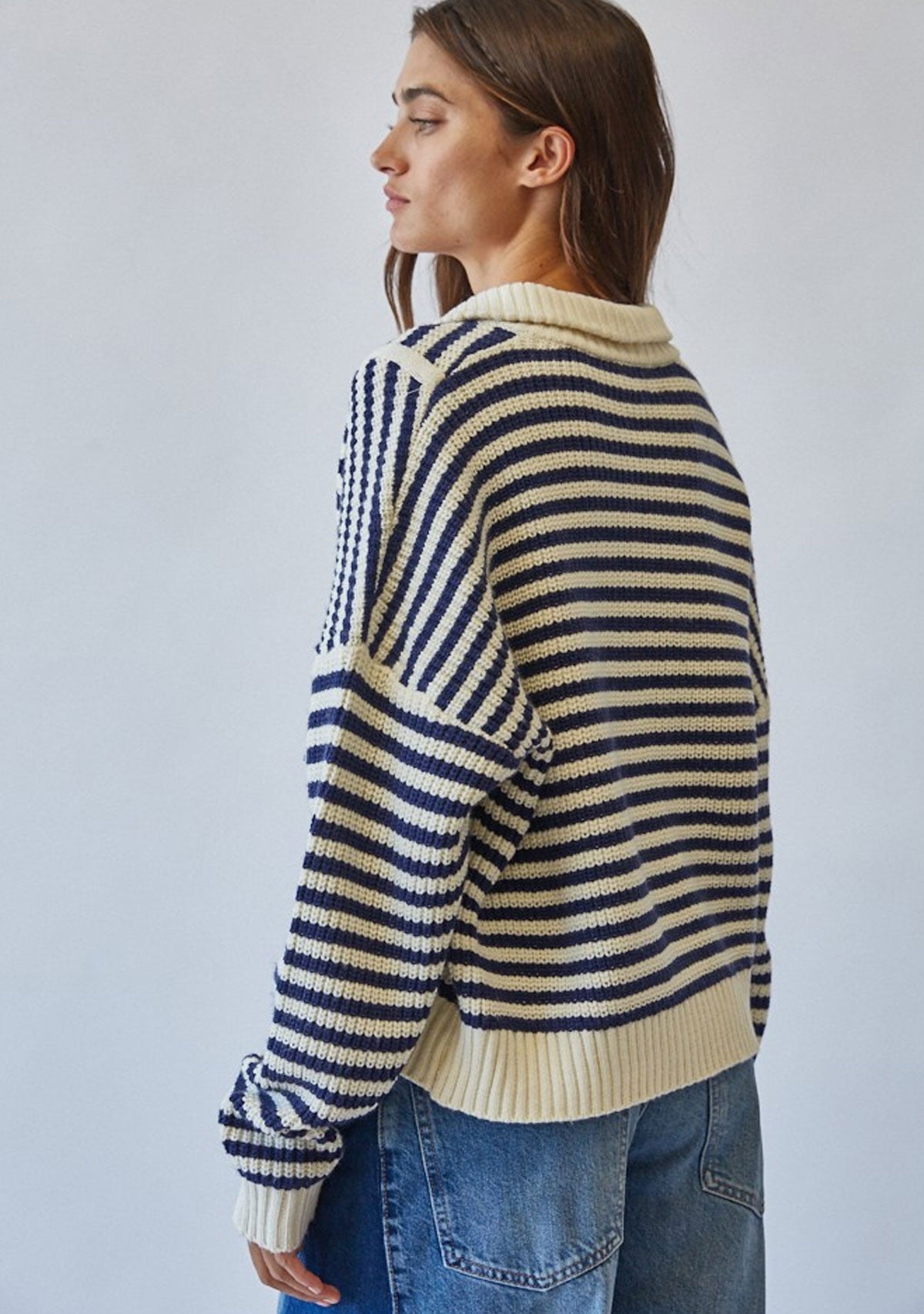 Chic Coastal Half-Zip Striped Sweater Navy Creamon