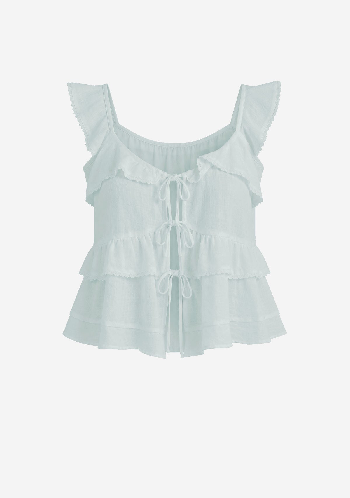Ceci Tie Front Ruffle Trim Top Dusty Blue Creamon