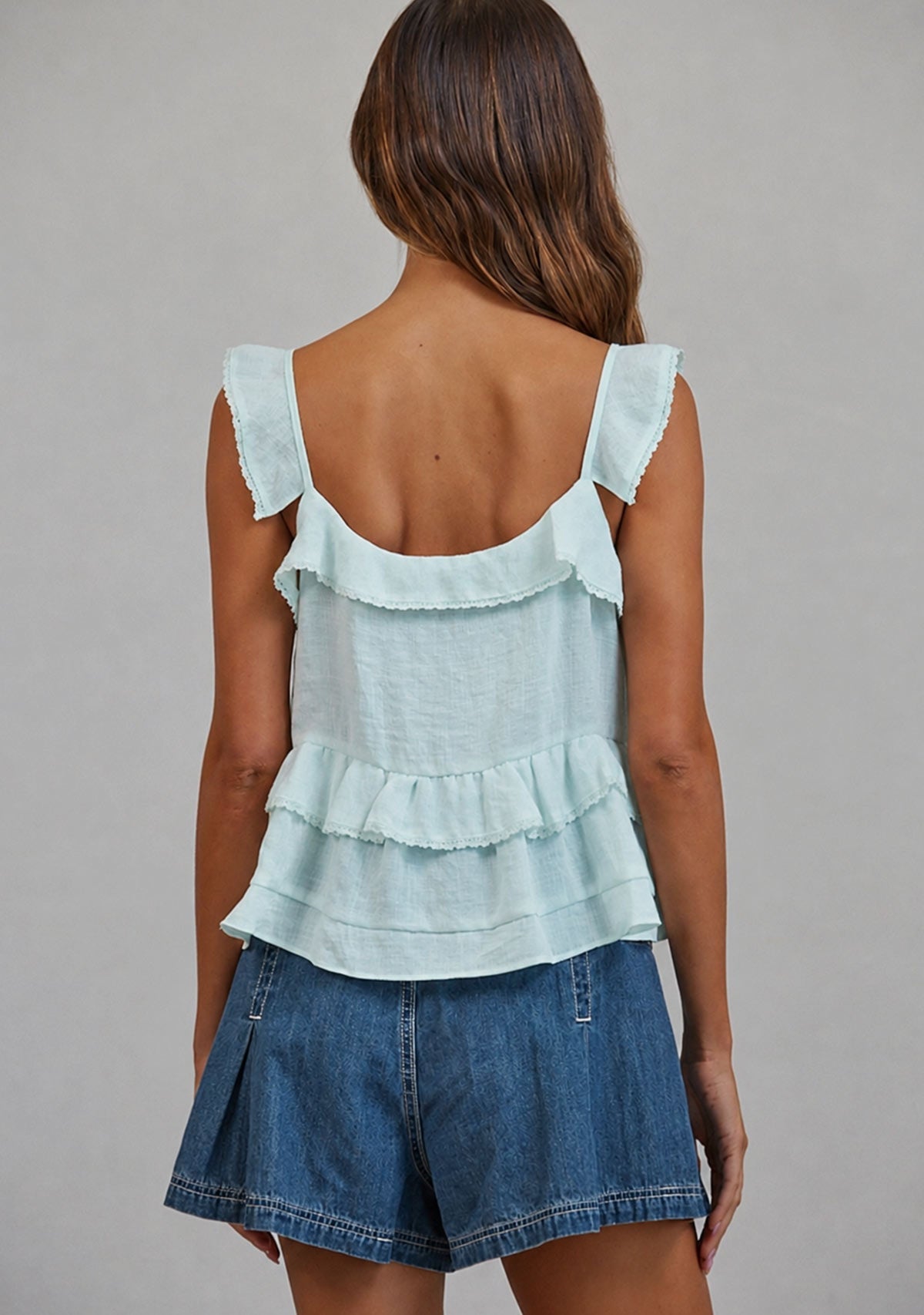 Ceci Tie Front Ruffle Trim Top Dusty Blue Creamon