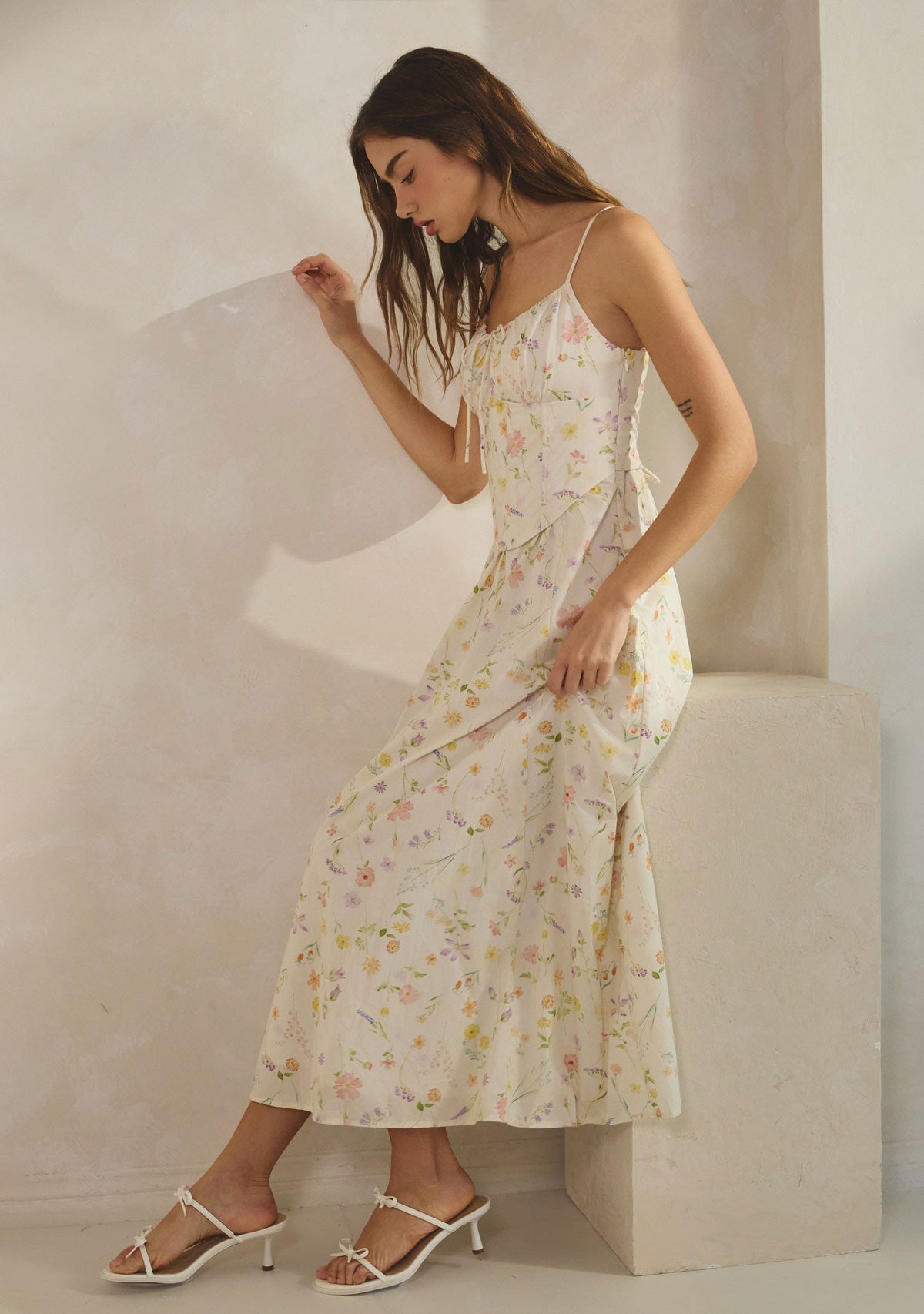 Magnolia Cotton Corset Boning Maxi Dress Cream Floral