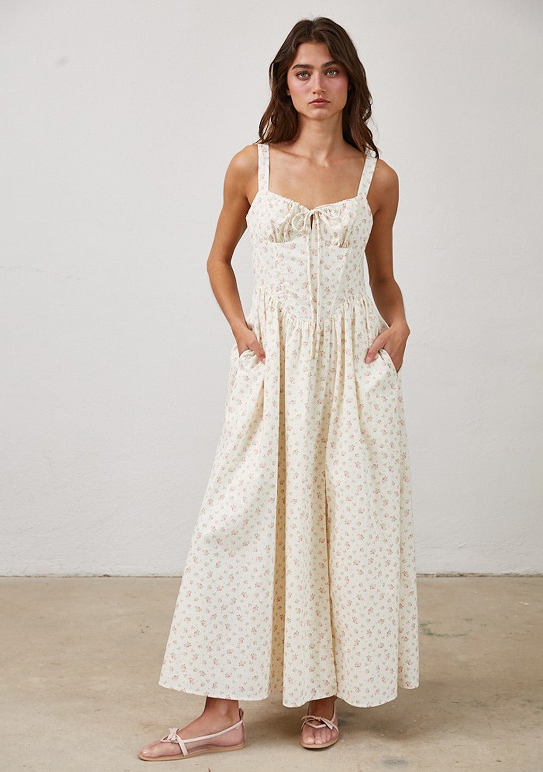 Serenity Floral Wired Front Ribbon Maxi Dress Cream Multi