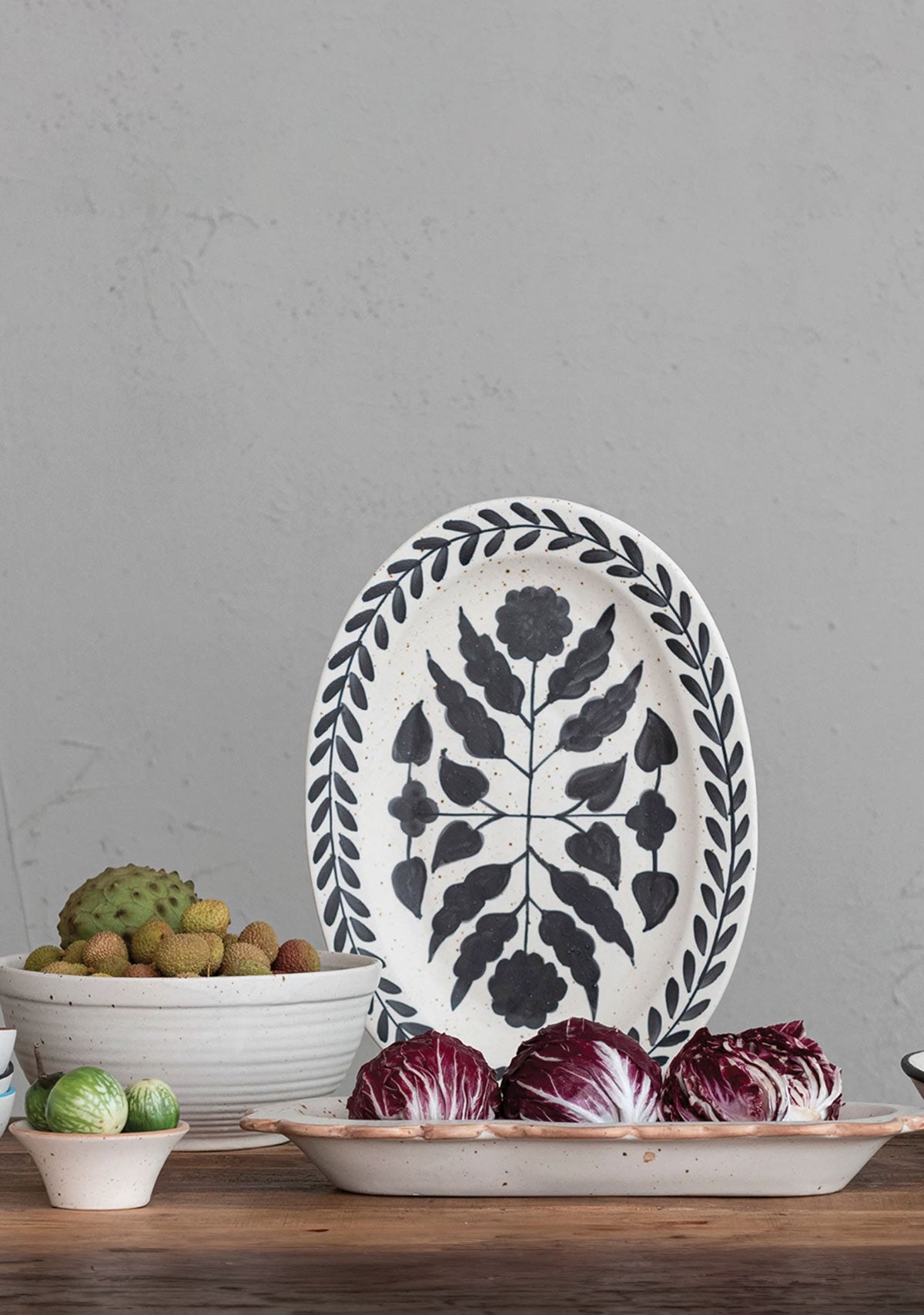 Hand-Painted Stoneware Platter w/ Floral Design, Matte Black & Cream Color Speckled