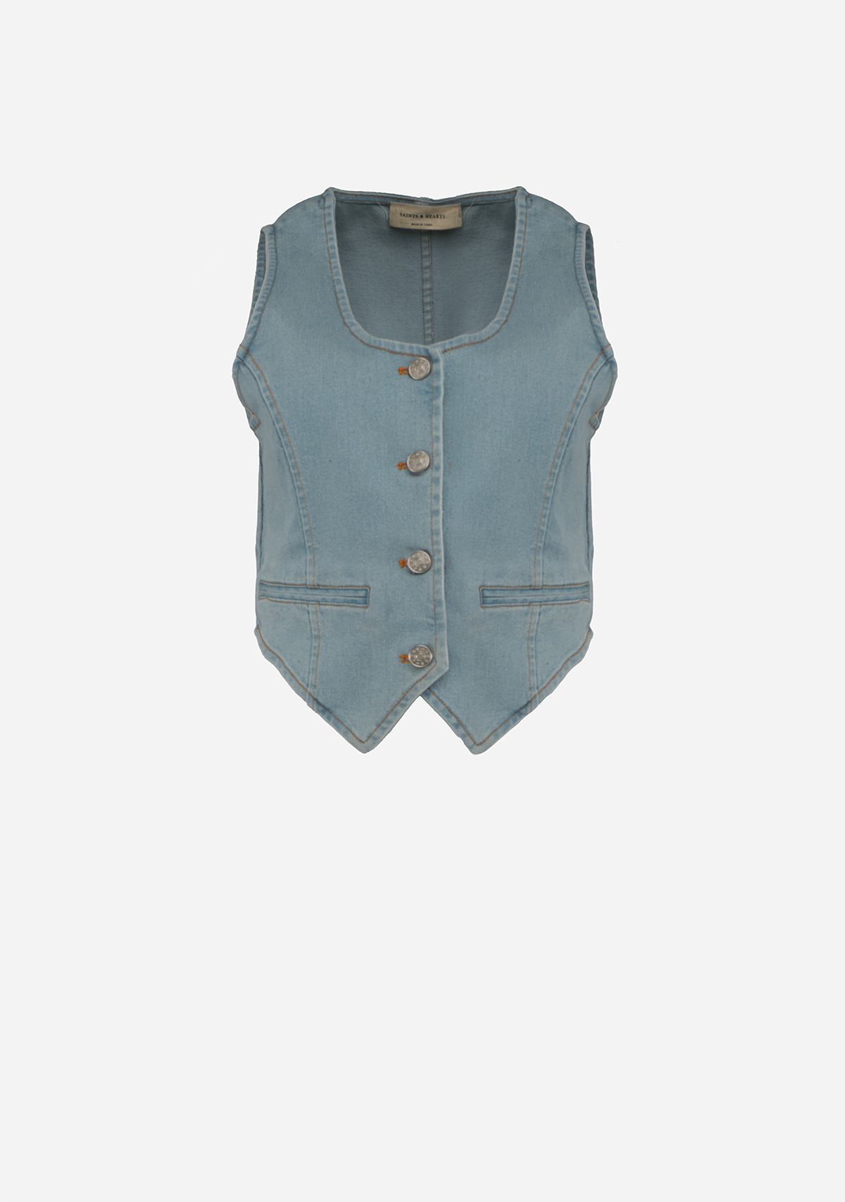 Round Neck Button Denim Vest Light Wash
