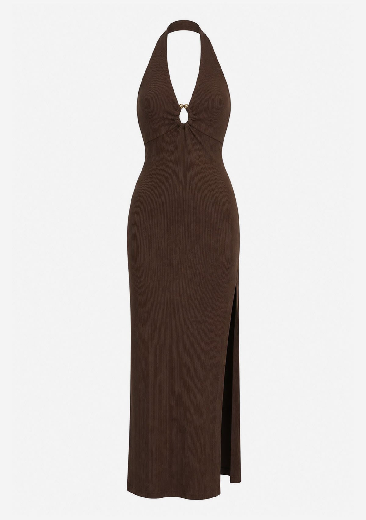 Helios Glow Gold Trim Halter Dress Hazel Brown Dress Forum Inc.