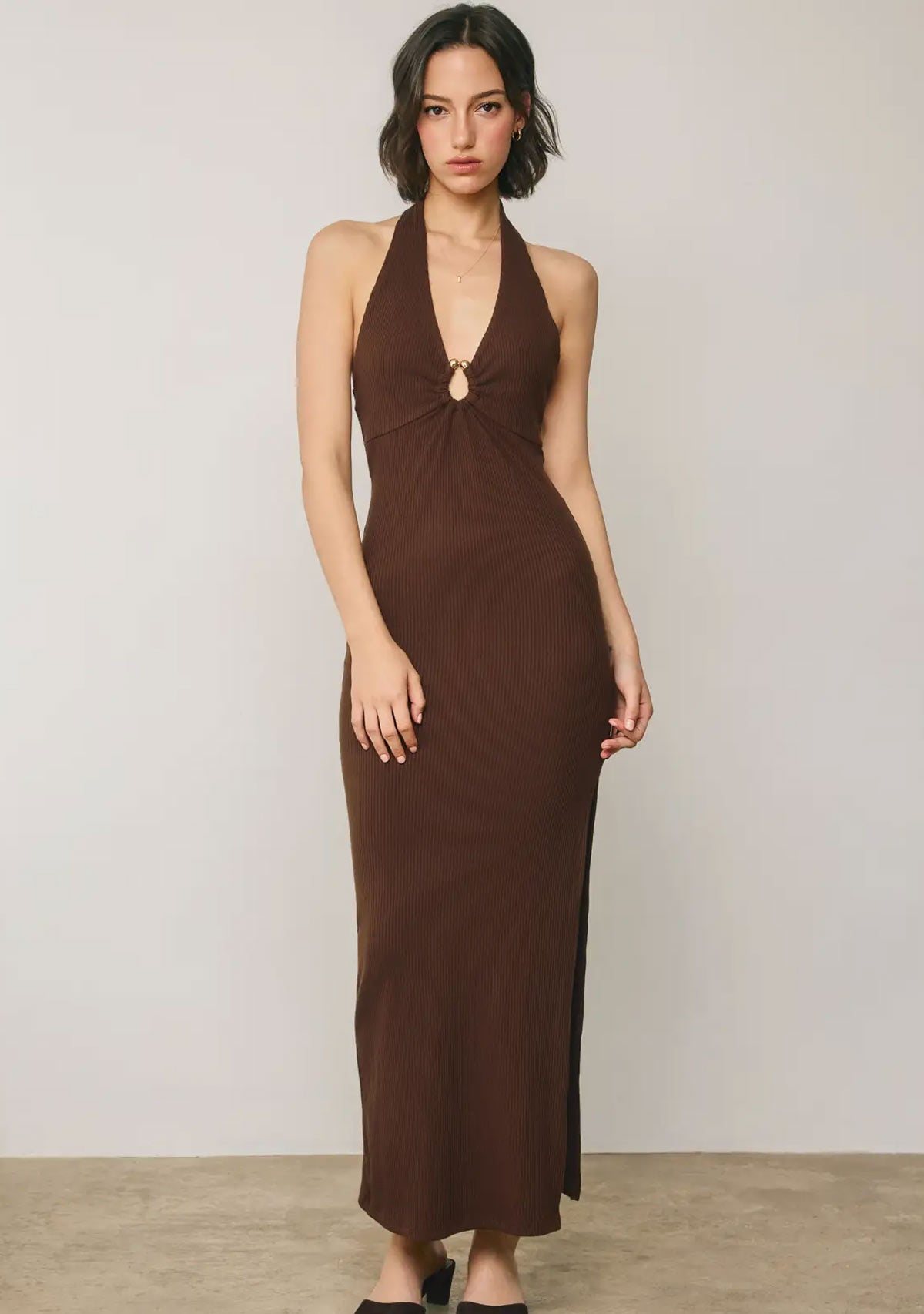 Helios Glow Gold Trim Halter Dress Hazel Brown