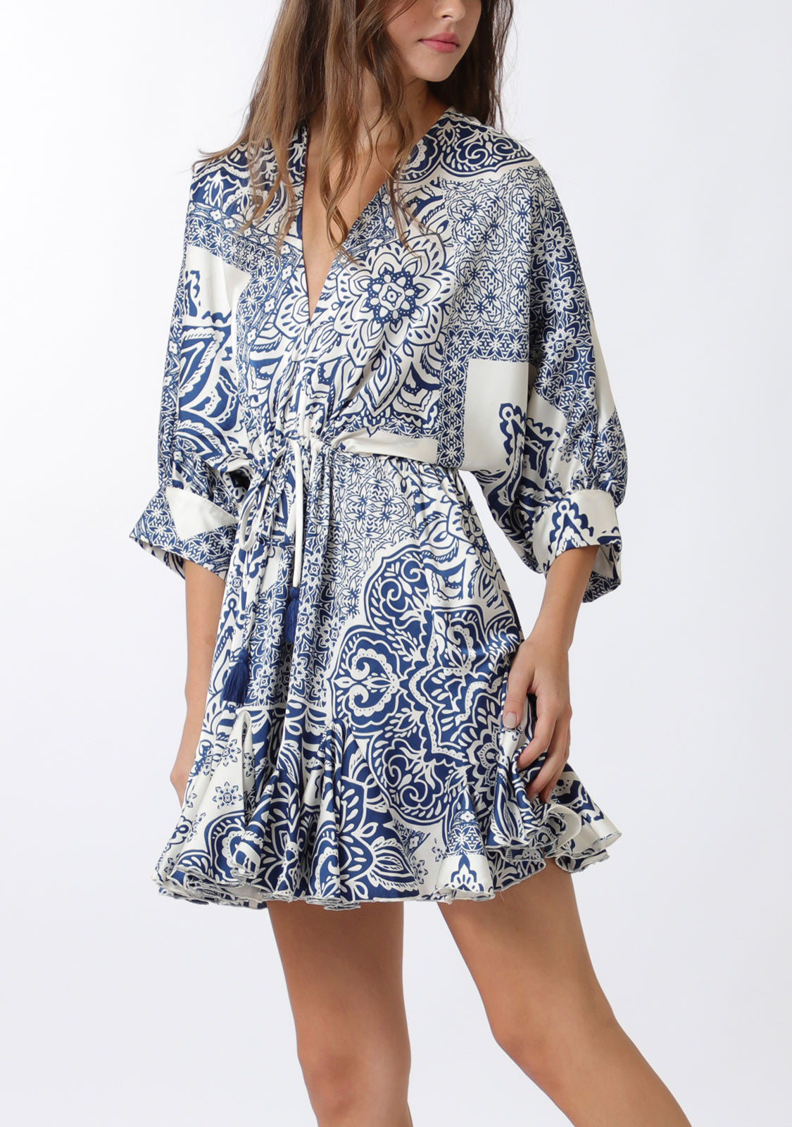 Dolman 3/4 Sleeve Detail Tie Waist Mini Dress