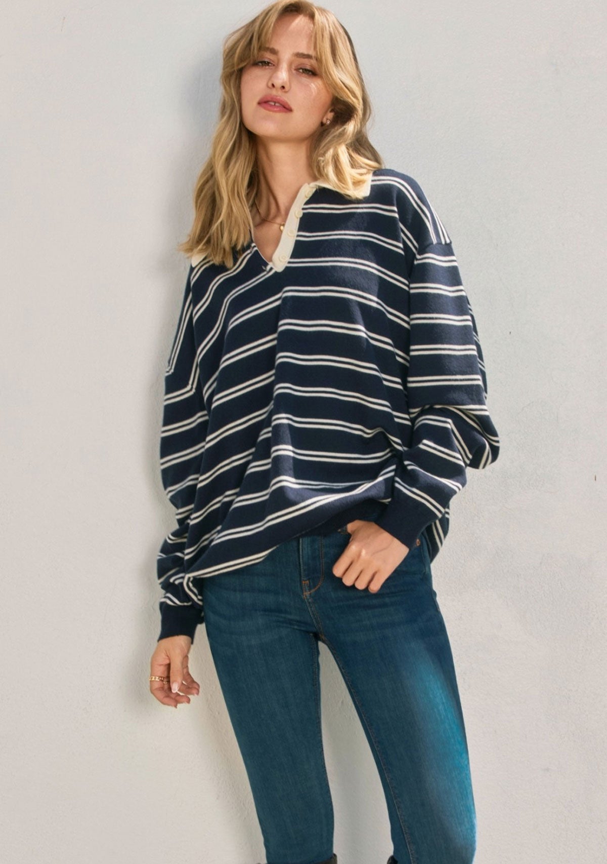 Bear Lodge Striped Oversized Polo Sweater Navy/Ivory