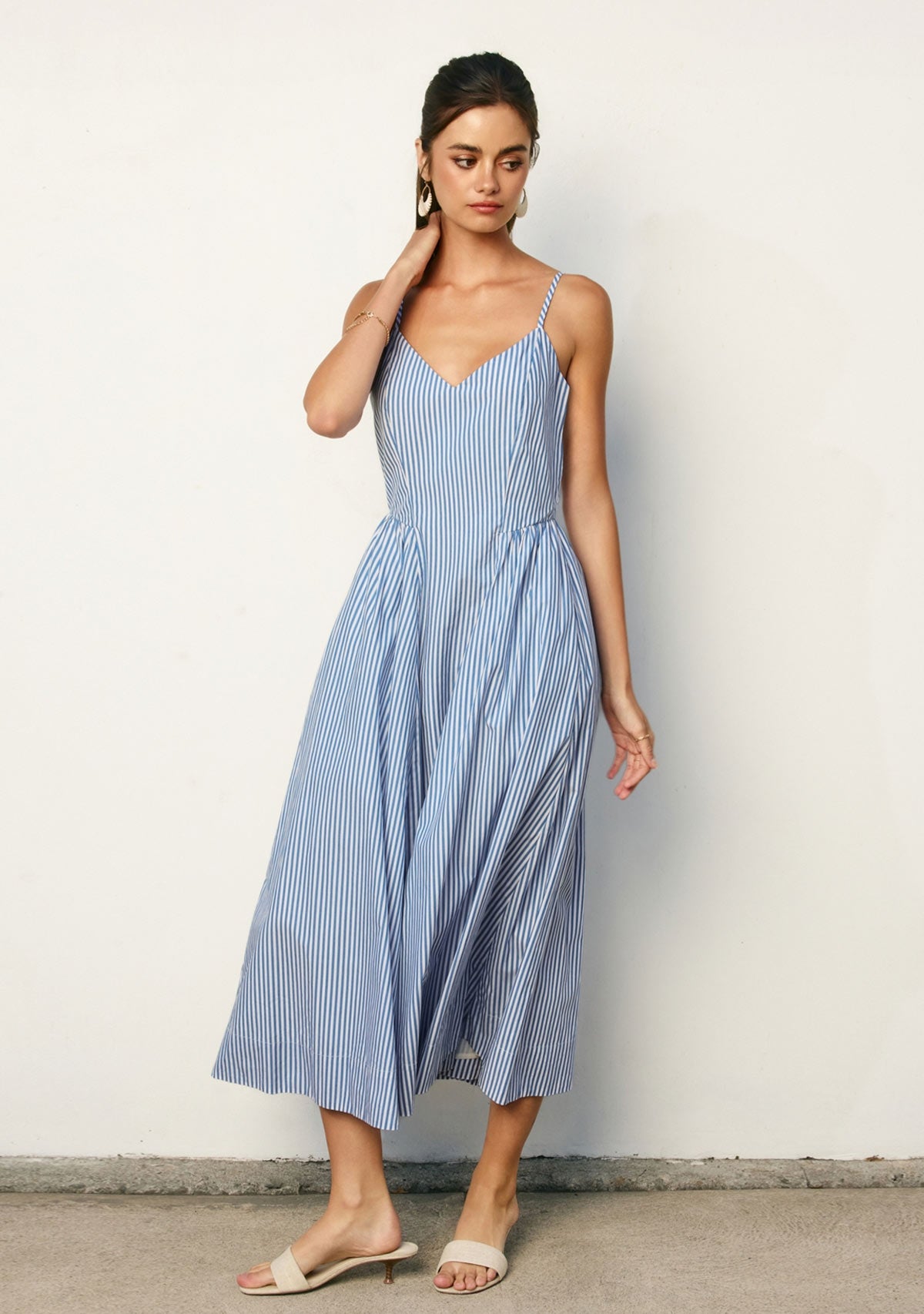 Capri Lines Gathered Hip Midi Dress Blue/White