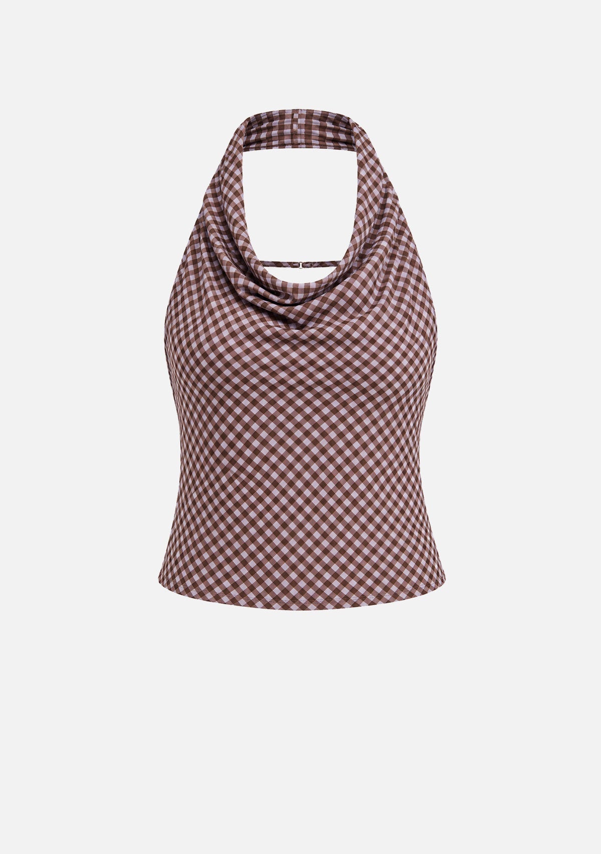 Halter Cowl Back Cut Out Top Lavender Brown Gingham Emory Park