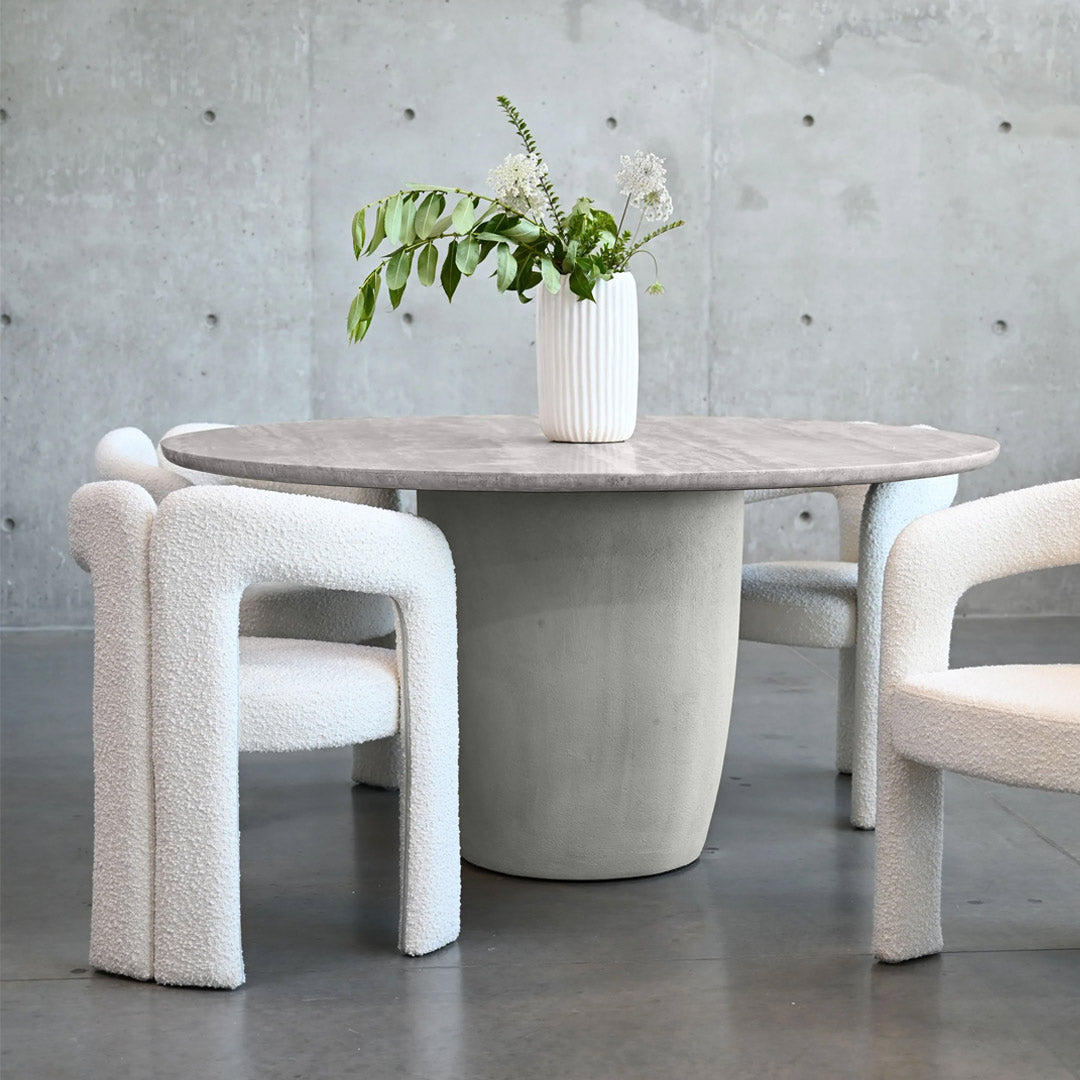 ERDEN Round Dining Table Silver Grey Travertine , Silver Taupe Micro Cement Base