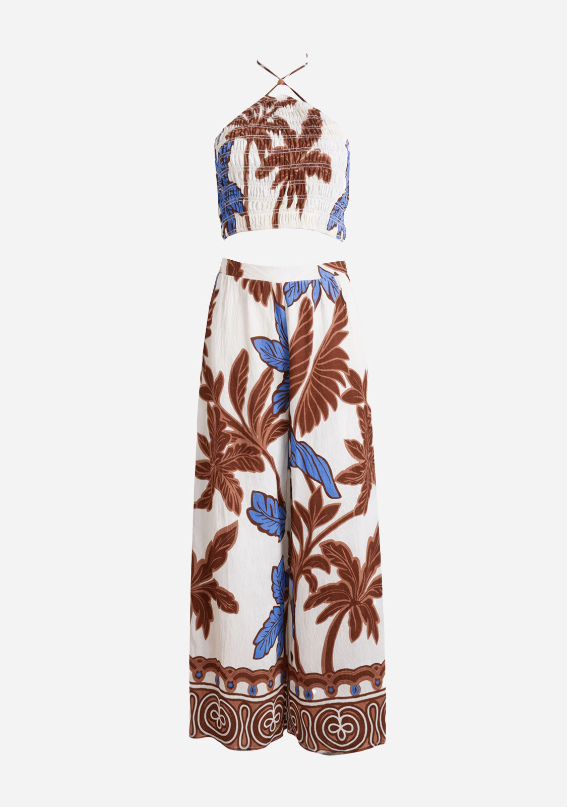 Elastic Smocked Halter Top And Long Pants Set Ivory/Brown