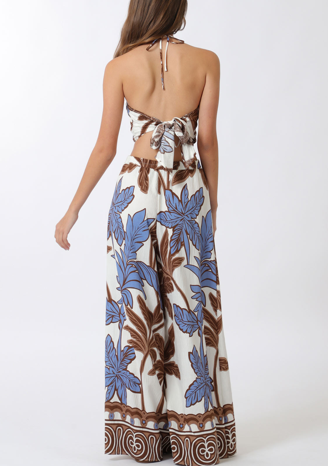 Elastic Smocked Halter Top And Long Pants Set Ivory/Brown