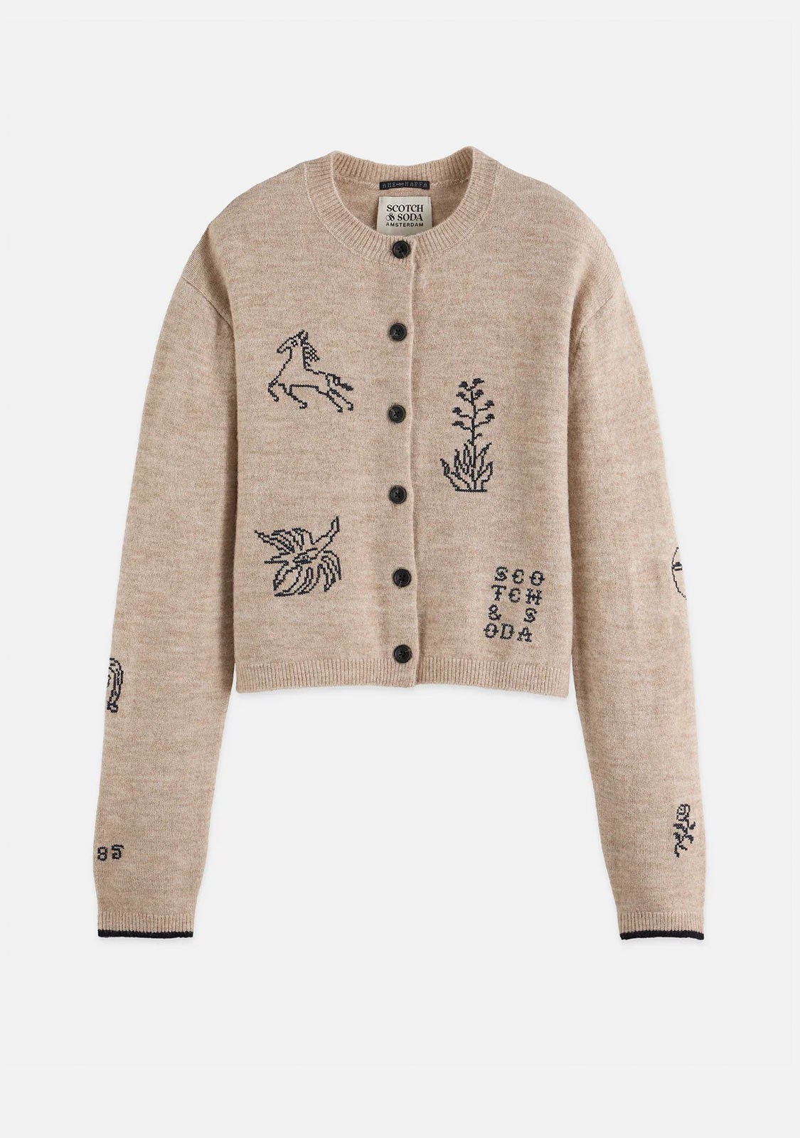 Embroidered Crew Neck Cardigan Oatmeal Melange