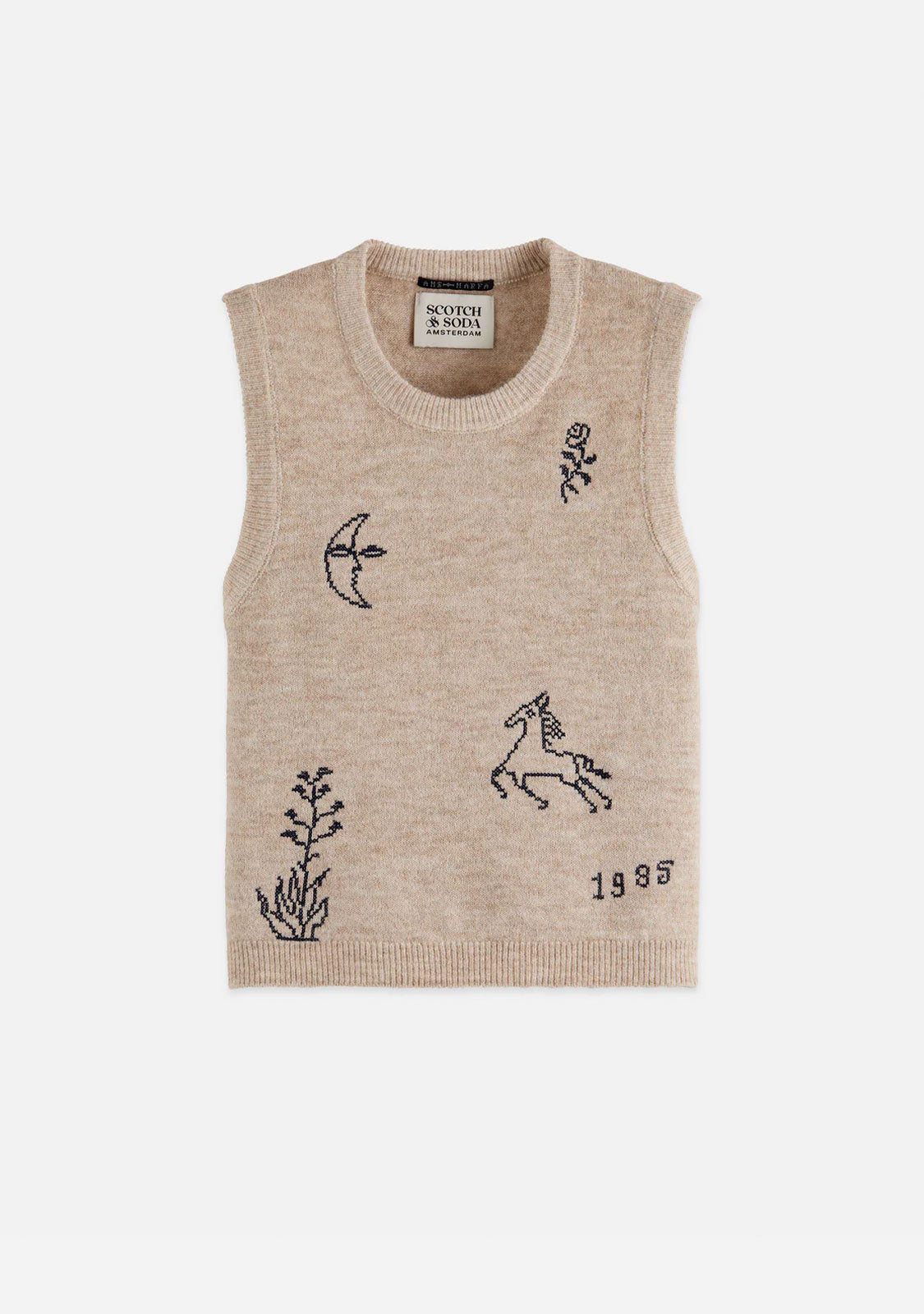 Embroidered Crew Neck Knitted Vest Oatmeal Melange