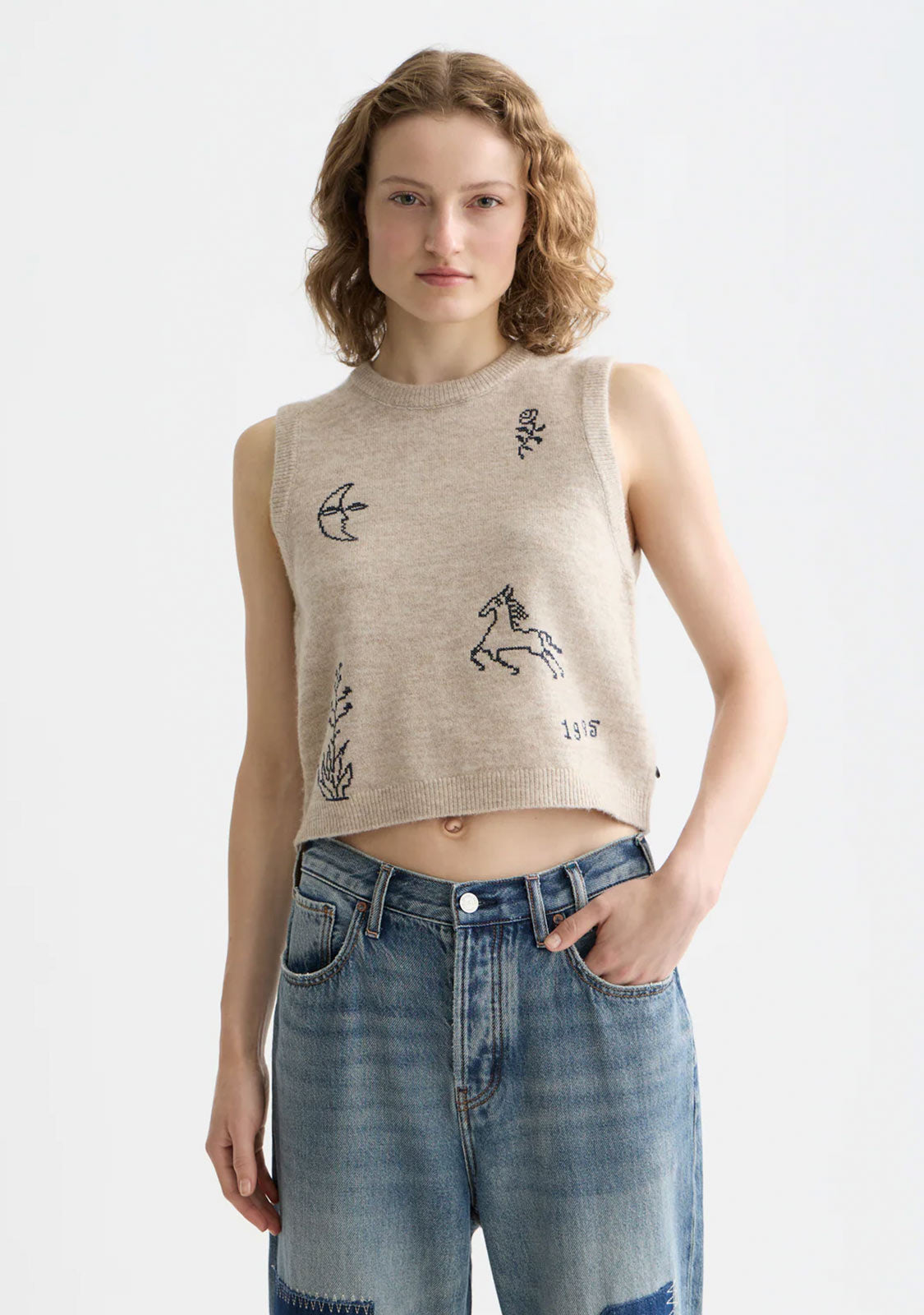 Embroidered Crew Neck Knitted Vest Oatmeal Melange