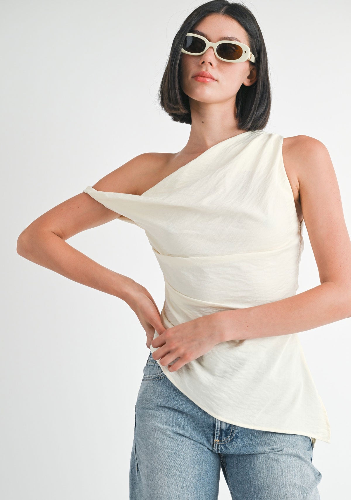 Asymmetrical Shoulder Tunic Top Vanilla