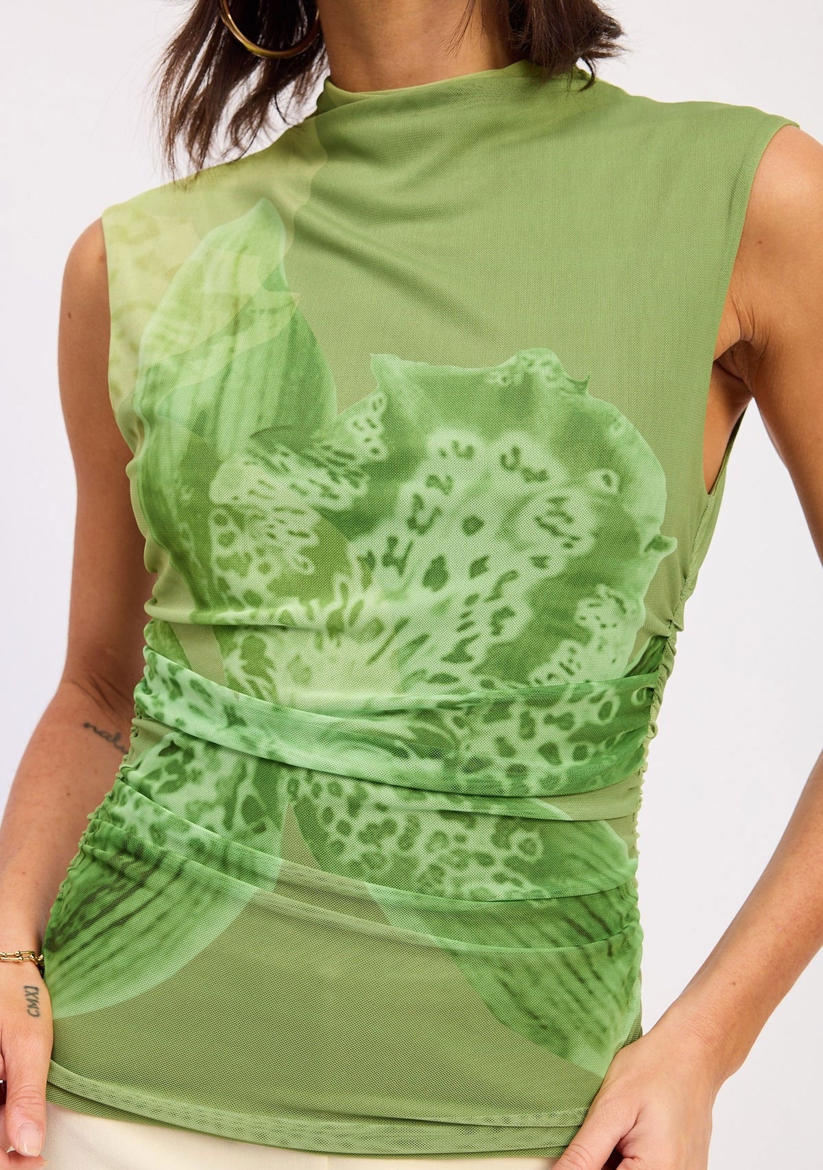 Drop Shoulder Mesh Top Green Floral