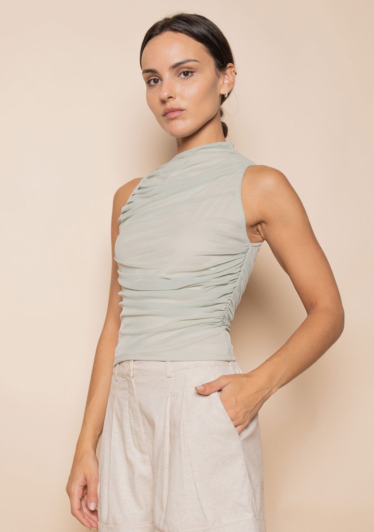 Ruched Mesh Tank Top Sage FORE COLLECTION