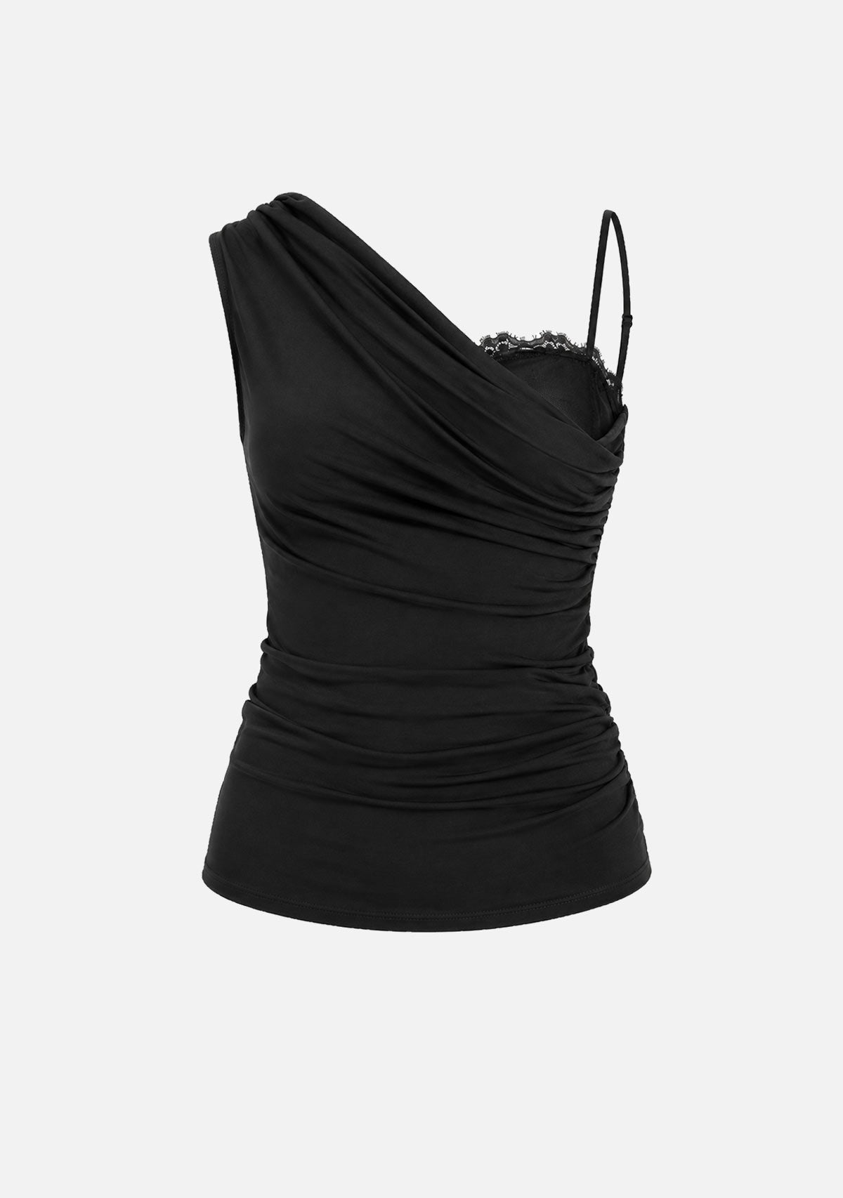 One Shoulder Drape Sleeveless Top W/ Mesh Bra Black Fore Collection