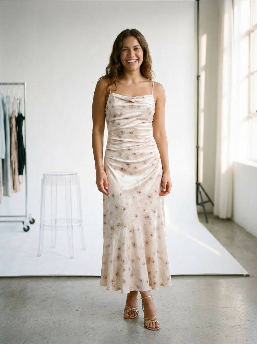 Floral Satin Midi Dress Beige
