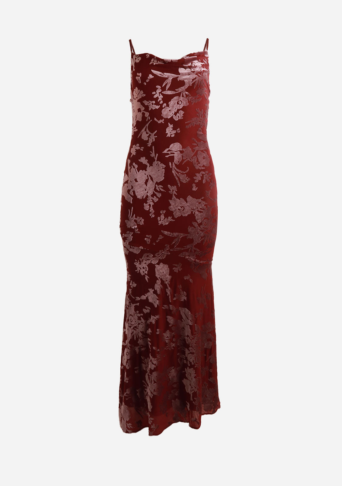 Cowl Neck Maxi Dress With Asymmetrical Mermaid Bottom Burgundy