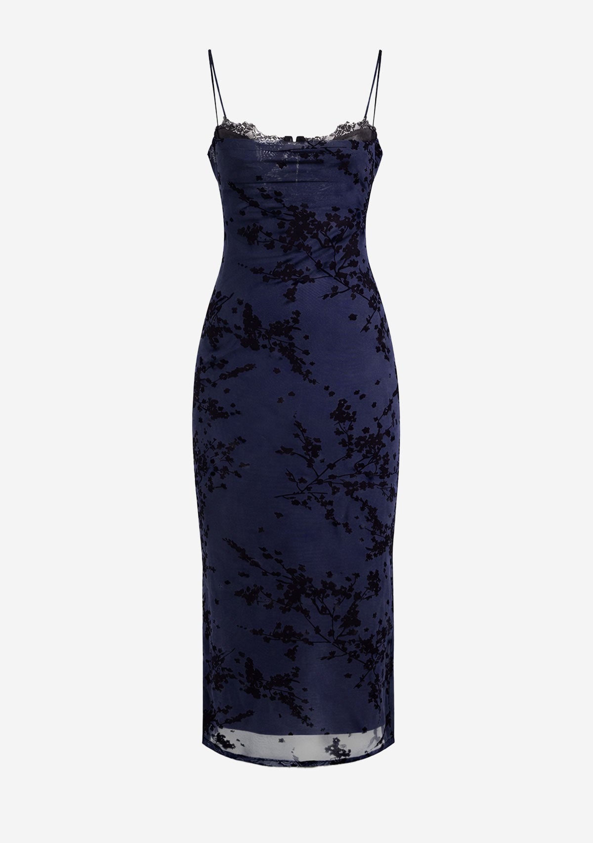 Spaghetti Bra Cup Mesh Velvet Burn Out Midi Dress Black/Navy FORE COLLECTION