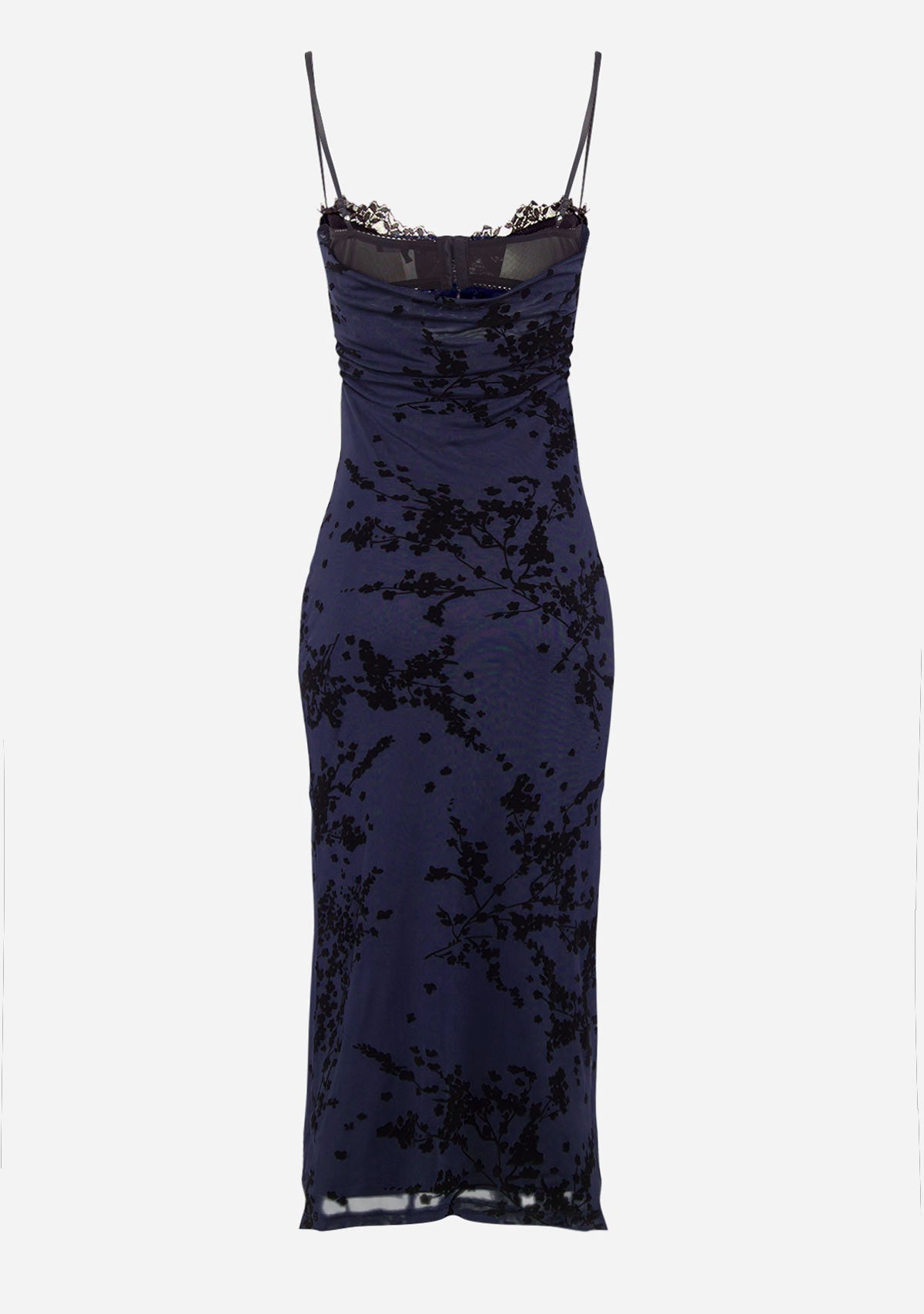 Spaghetti Bra Cup Mesh Velvet Burn Out Midi Dress Black/Navy FORE COLLECTION