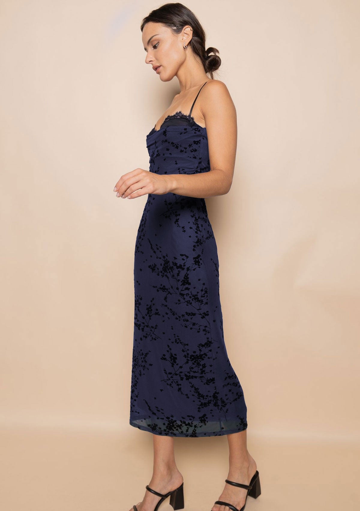 Spaghetti Bra Cup Mesh Velvet Burn Out Midi Dress Black/Navy