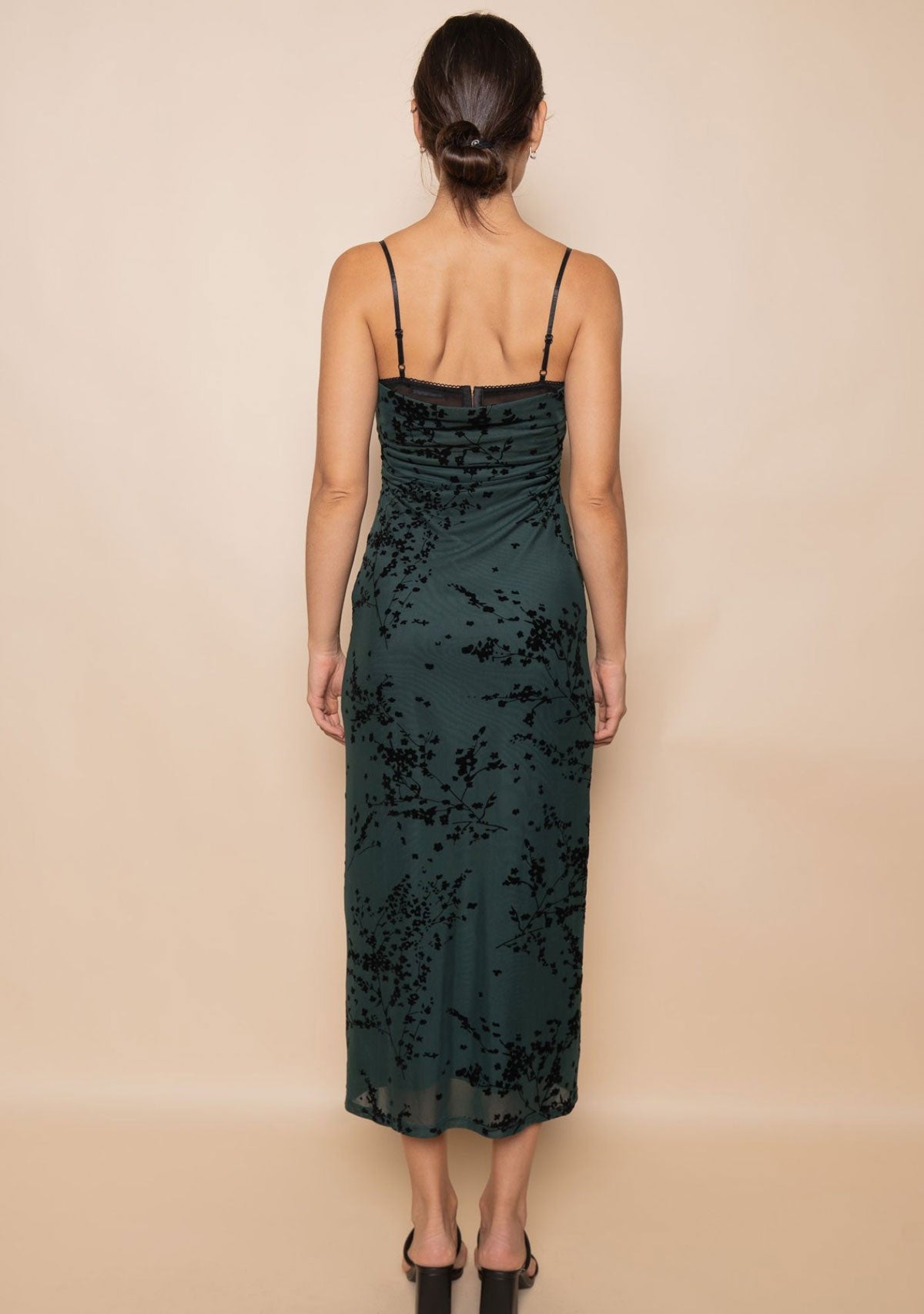 Spaghetti Bra Cup Mesh Velvet Burn Out Midi Dress Spruce/Black