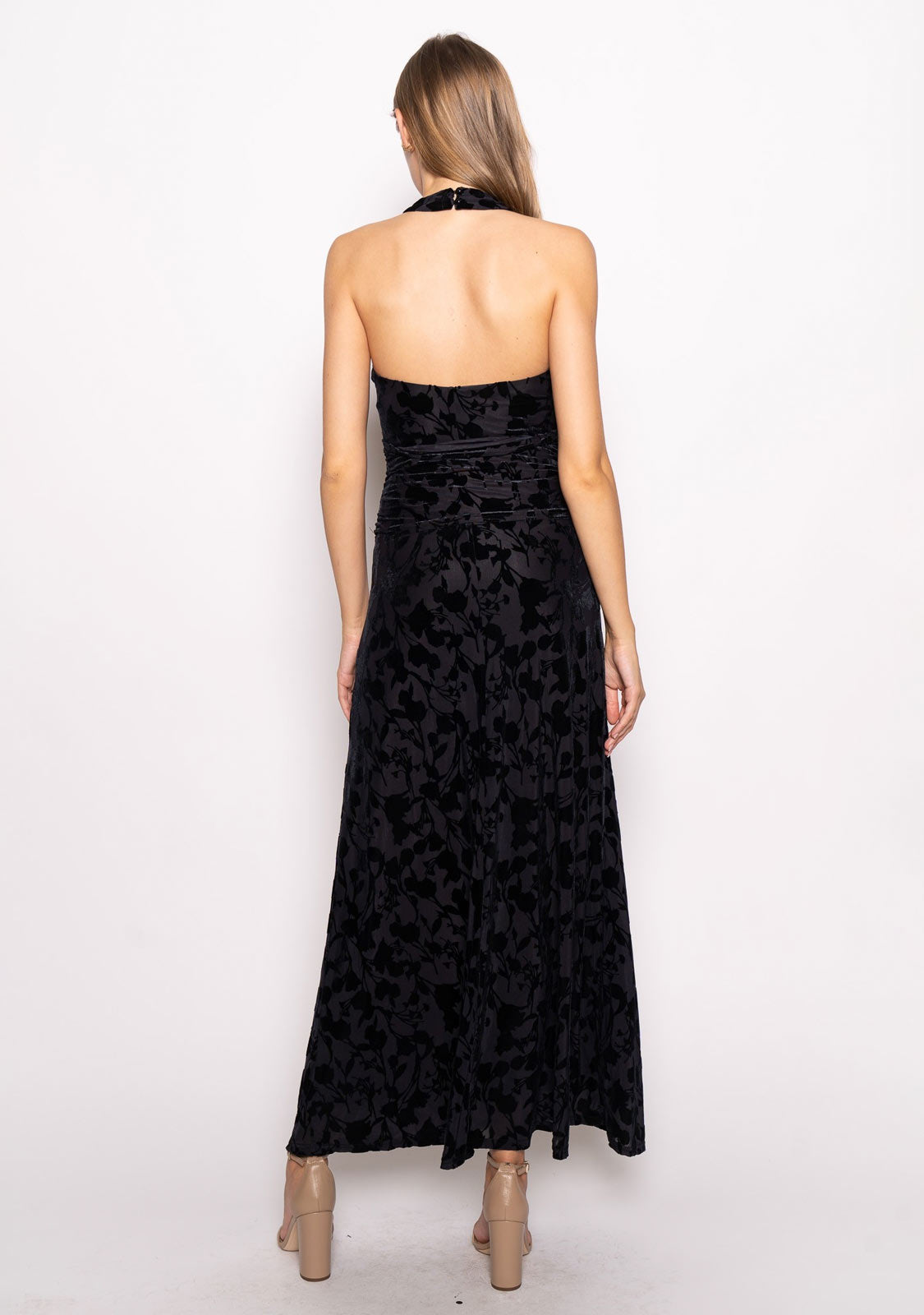 Velvet Detail Rutched Waist Halter Back Sleeveless Maxi Dress Dark Navy