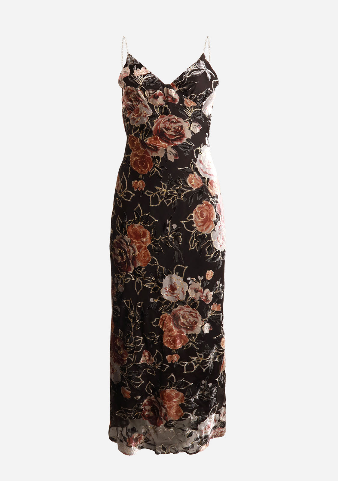Velvet Floral Maxi Dress With Rhinestone Strap Black Floral FORE COLLECTION