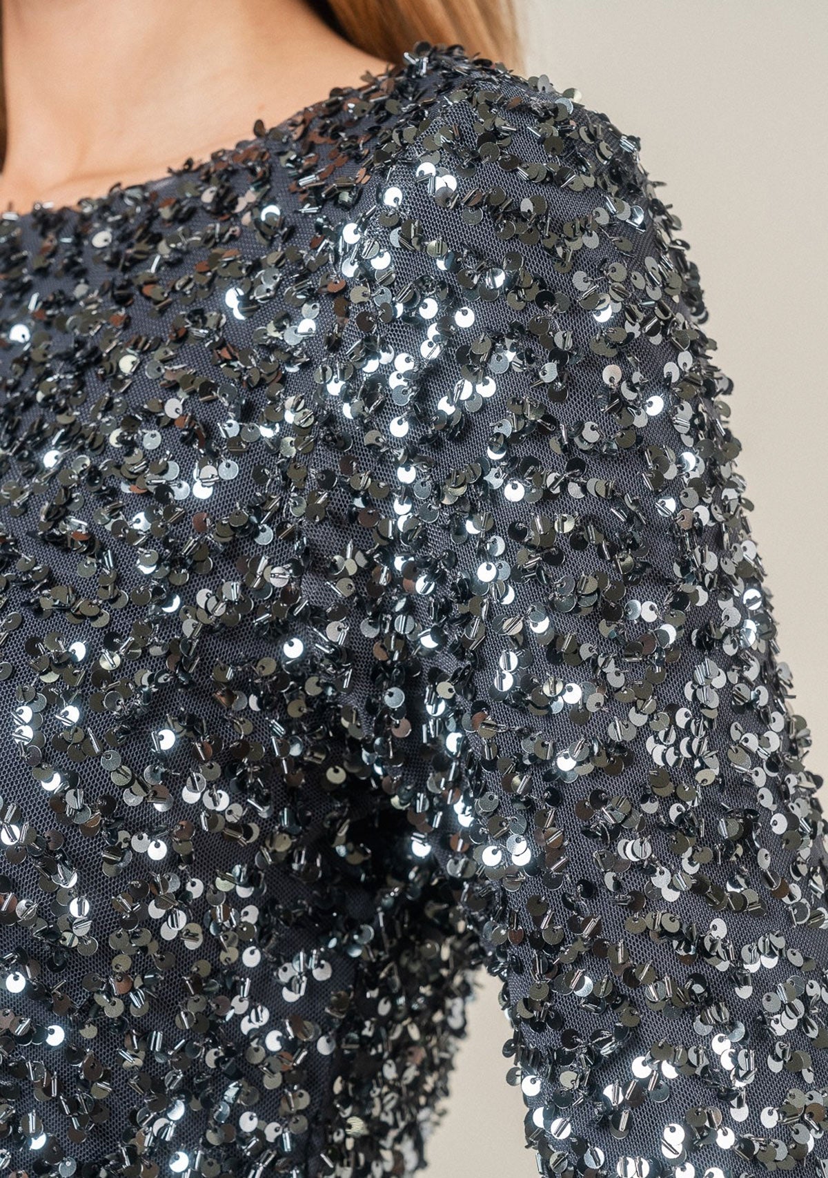 Sequins Slit Bell Slv Back Opening Mini Dress Grey The Latest Scoop