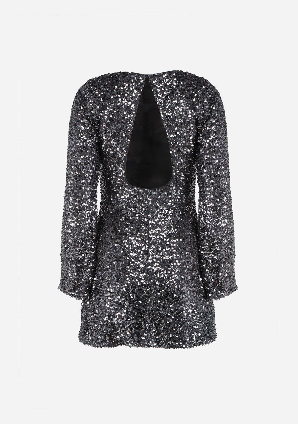 Sequins Slit Bell Slv Back Opening Mini Dress Grey
